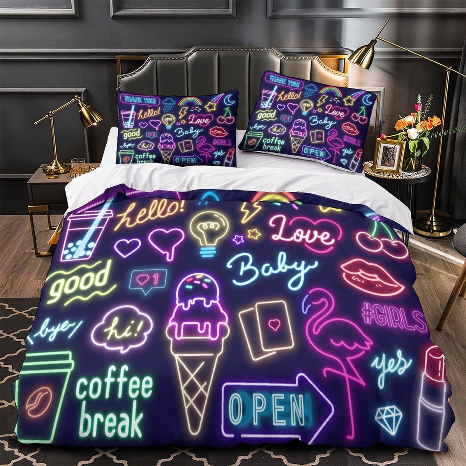 Housse de Couette Palmiers Néon 3D Microfibre Légère King 220x240cm
