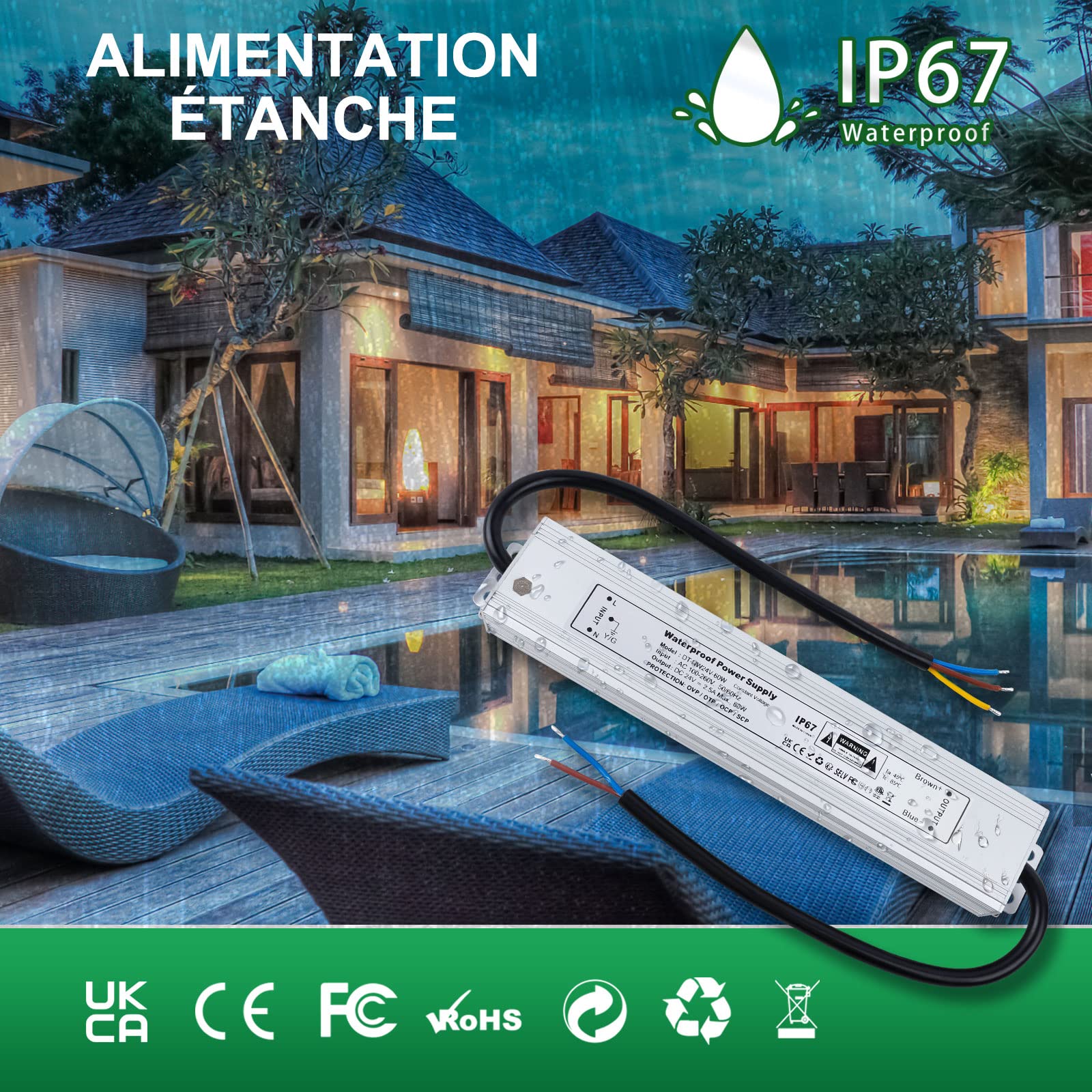 REYLAX Transformateur 220V 24V 60W Imperméable Alimentation LED Transfo Entrée 100-260V AC Sortie DC 24V 2,5A Driver Tension Constante étanche IP67 Adaptateur Basse Tension pour CCTV Bande Led