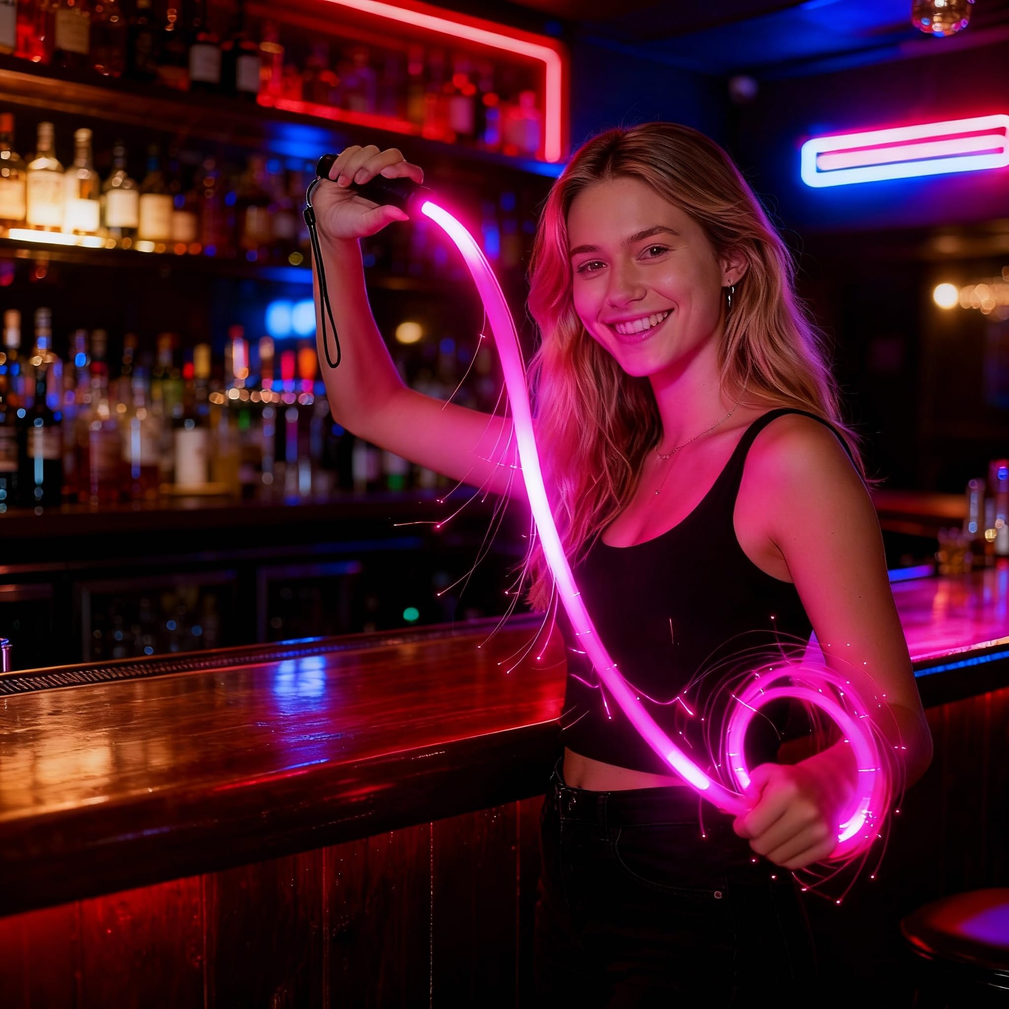 Glasfaser-Peitsche, wiederaufladbare LED-Peitsche in 7 Farben, 4 Lichtmodi, Pixelpeitsche zum Tanzen, geeignet für Rave-Spielzeug, Partys, Lichttänze, EDM, Karneval, Geschenk