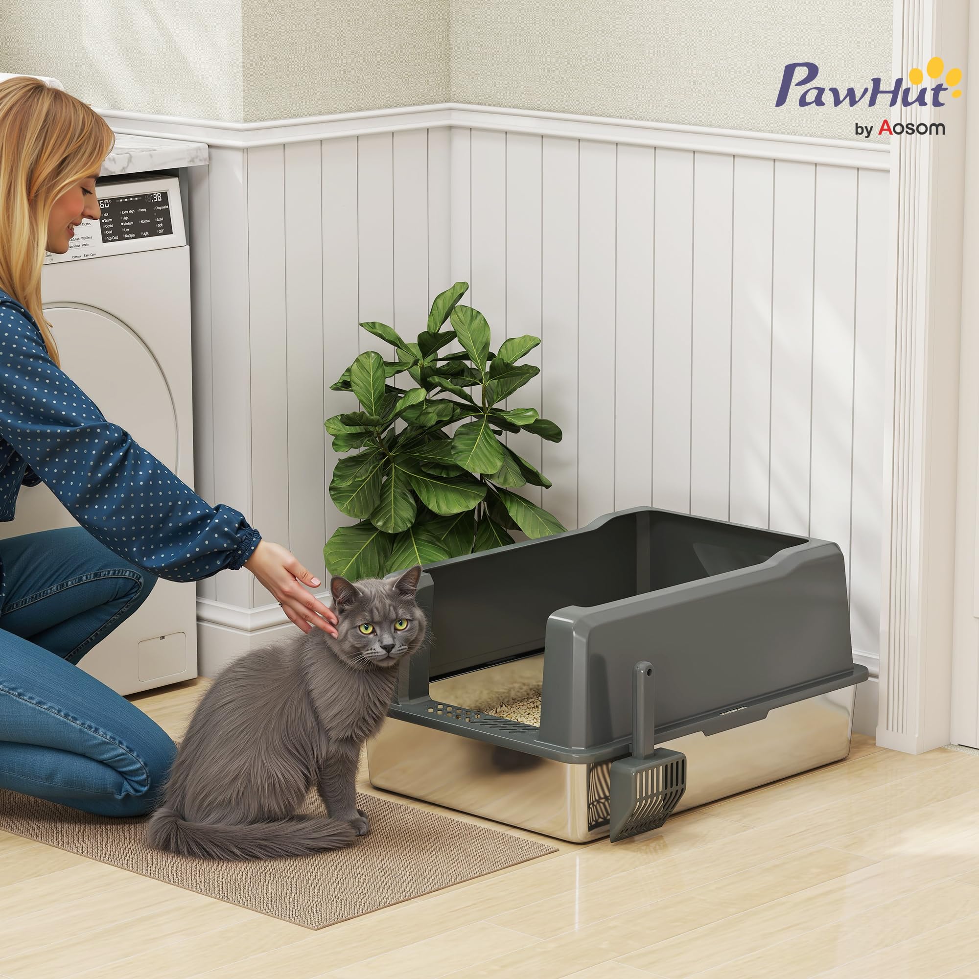 PawHut - Bandeja para Gatos (85 L, Gran Capacidad, 71 x 50,8 x 35,5 cm), Color Gris | Acero inoxidable, casa de aseo para gatos, pala, patines antideslizantes, fácil de limpiar