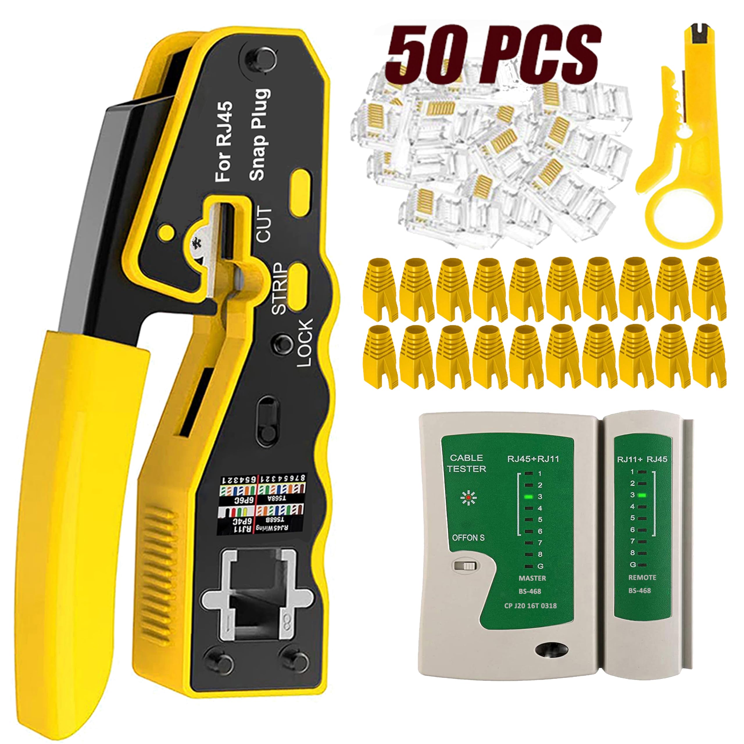 MAYLINE Pince à Sertir de Fil RJ45 RJ11 Cat5 Cat6 Testeur de Network Réseau Câble Kits avec 50 Pièces Ensemble d'Outils de Connecteurs en Cristal Dénudeur de détecteur de données (Jaune)