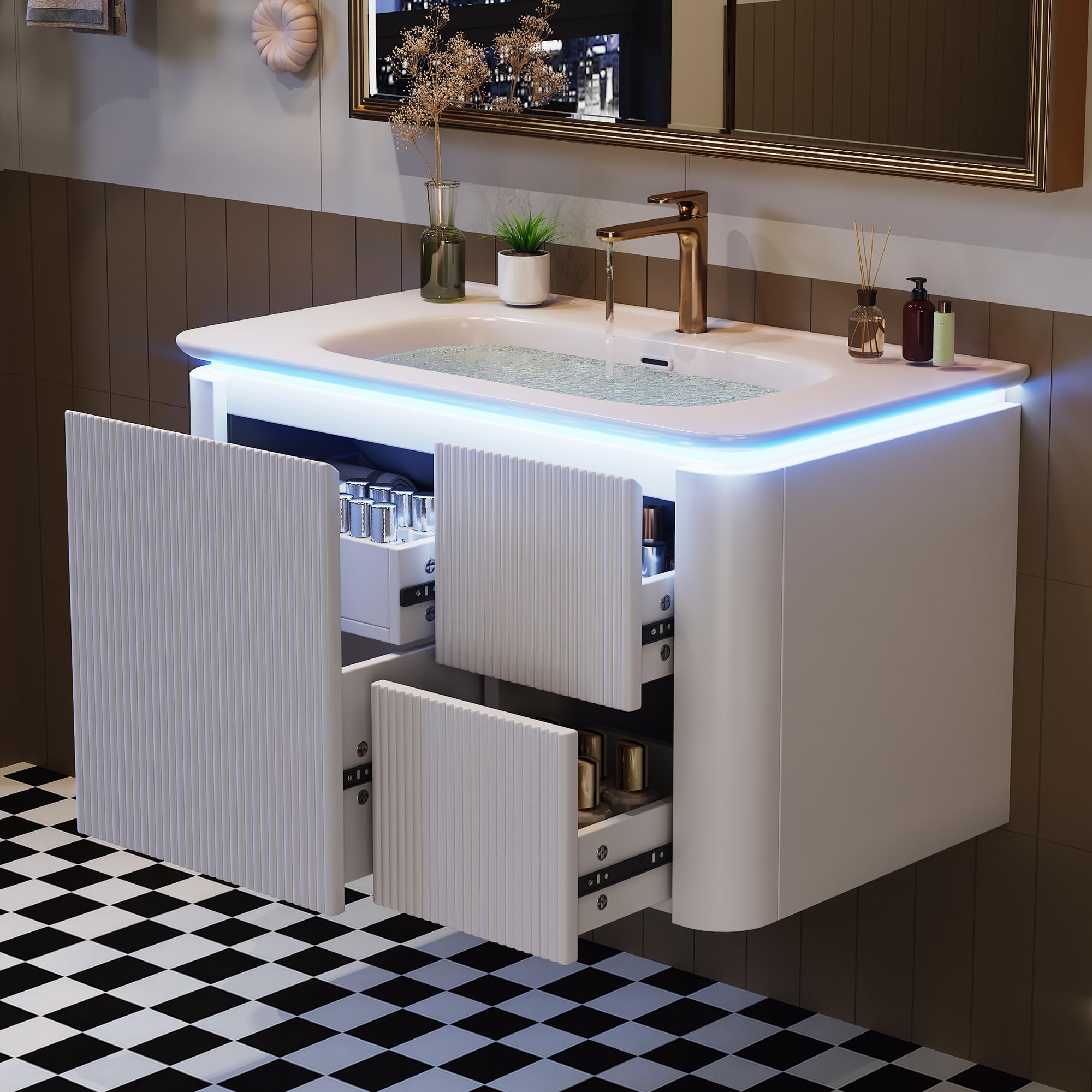 80,5 × 47,5 × 51 cm, mobiletto da bagno a parete sospeso, completamente laccato, struttura verticale, lampada LED con sensore di movimento radar, cassetti silenziosi, lavabo in un unico pezzo