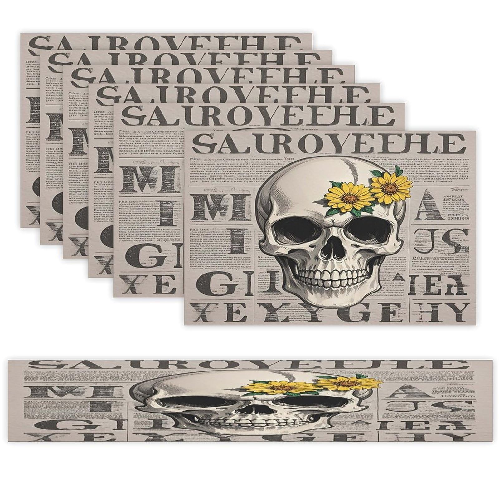 Flower Skull Table Runner and Placemats Set of 7 Linen Table Mat Non-Slip Place Mats Washable Placemat Heat Resistant Place Mat with Table Runner for Party Dining Decor