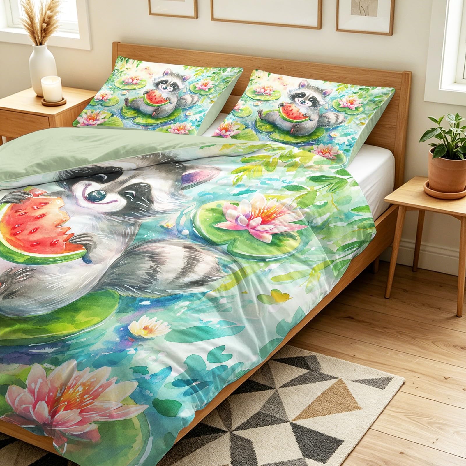 Generisch 2-częściowy komplet pościeli ze zwierzętami z kreskówki, 135 x 200 cm, uspokajający miś i arbuz, miękka pościel z mikrofibry, dwustronna pościel z 1 poszewką na poduszkę, zielona