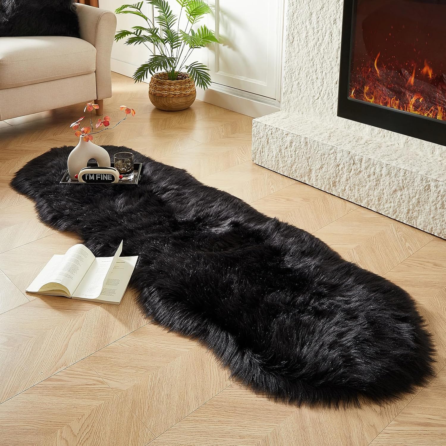 JXLOULAN Faux Fell Lammfell Teppich Schwarz 60x160 cm Waschb