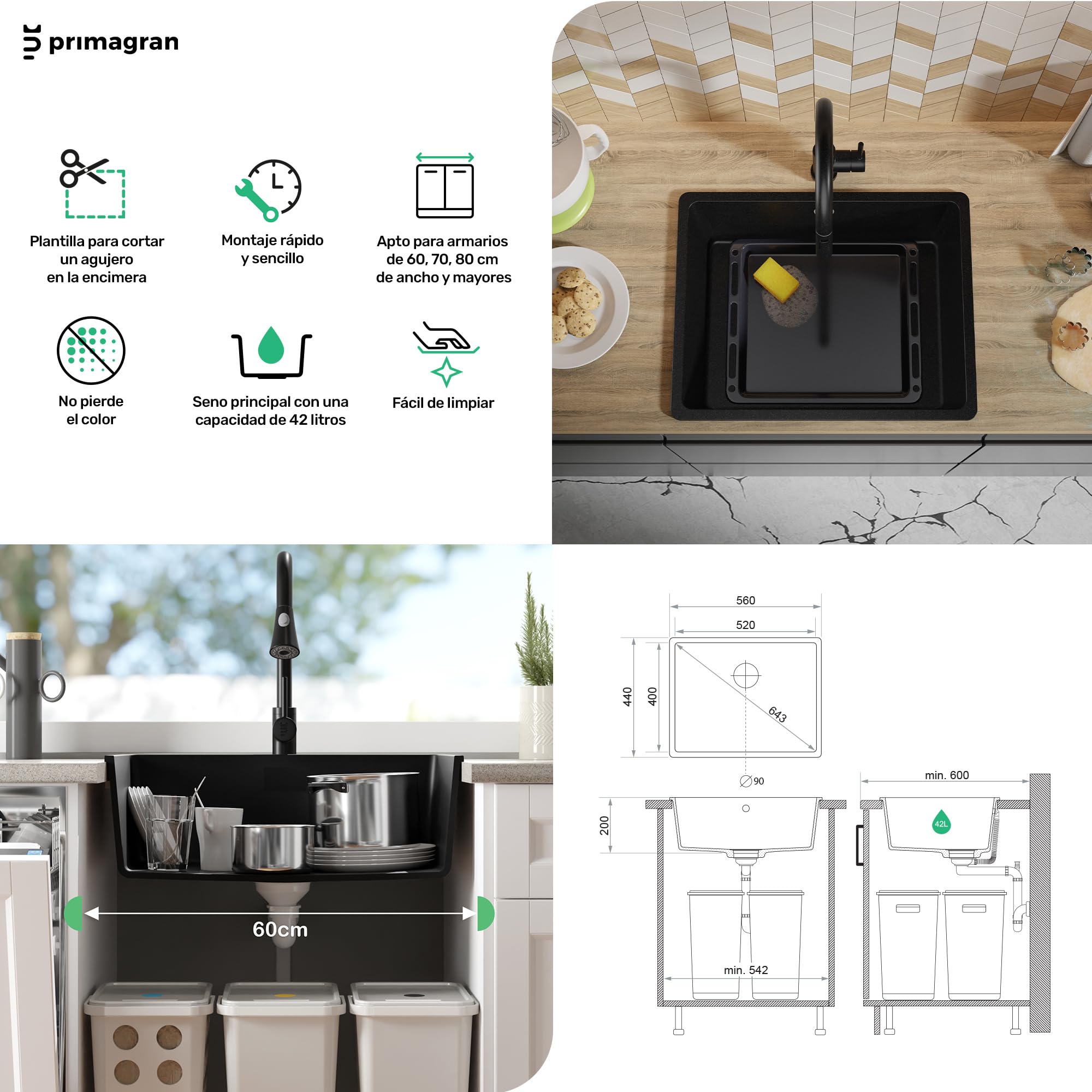 PRIMAGRAN Fregadero Cocina Todo Beige - Venecia Easy Slim, 56x44cm | Granito 1 Seno + Sifón, sobre Encimera al Mueble 60cm (S070)