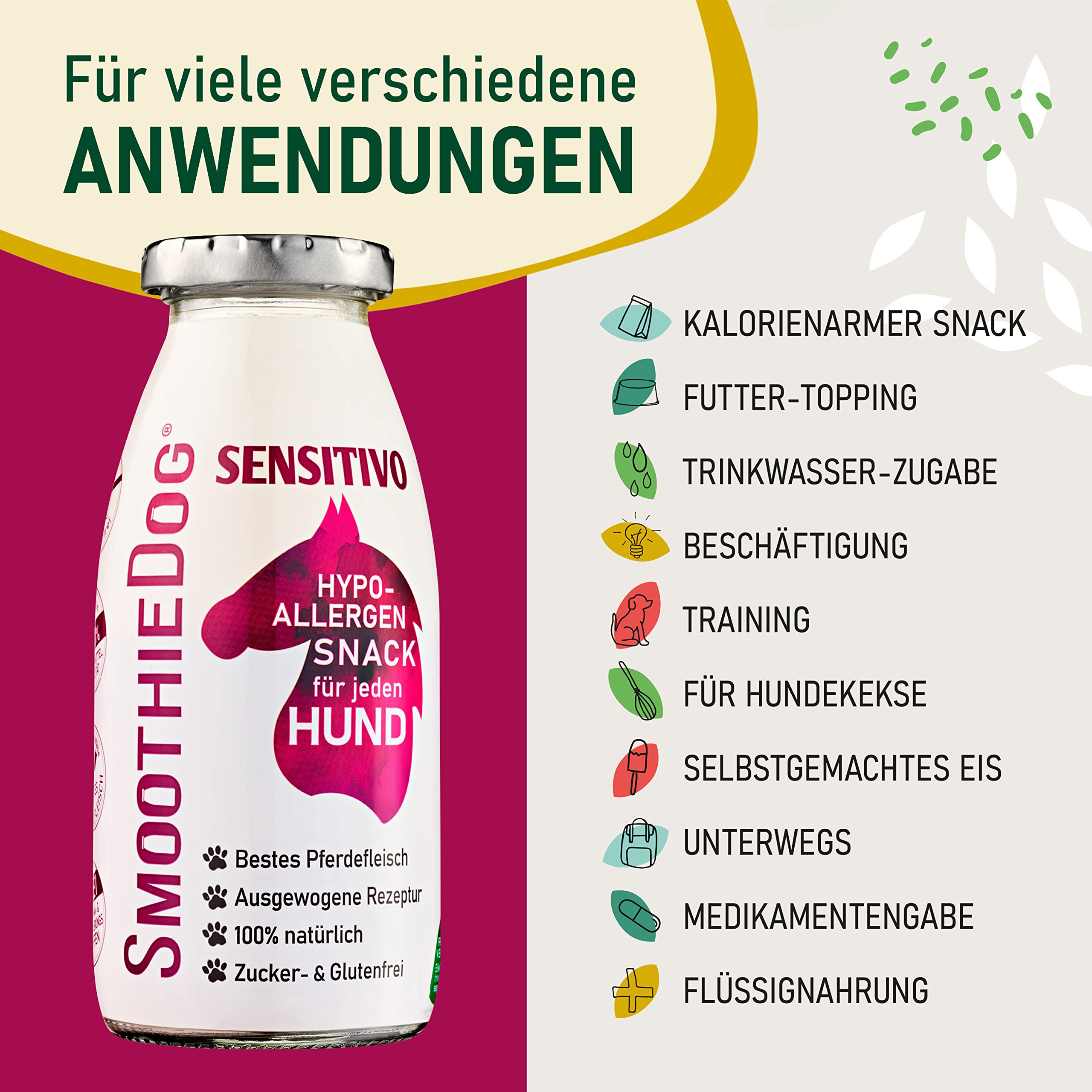 Hunde Smoothie SmoothieDog 6er Sensitivo (Pferd) - Hypoallergener Snack & Leckerli für Sensible Hunde - Zucker- & glutenfrei - je 250ml
