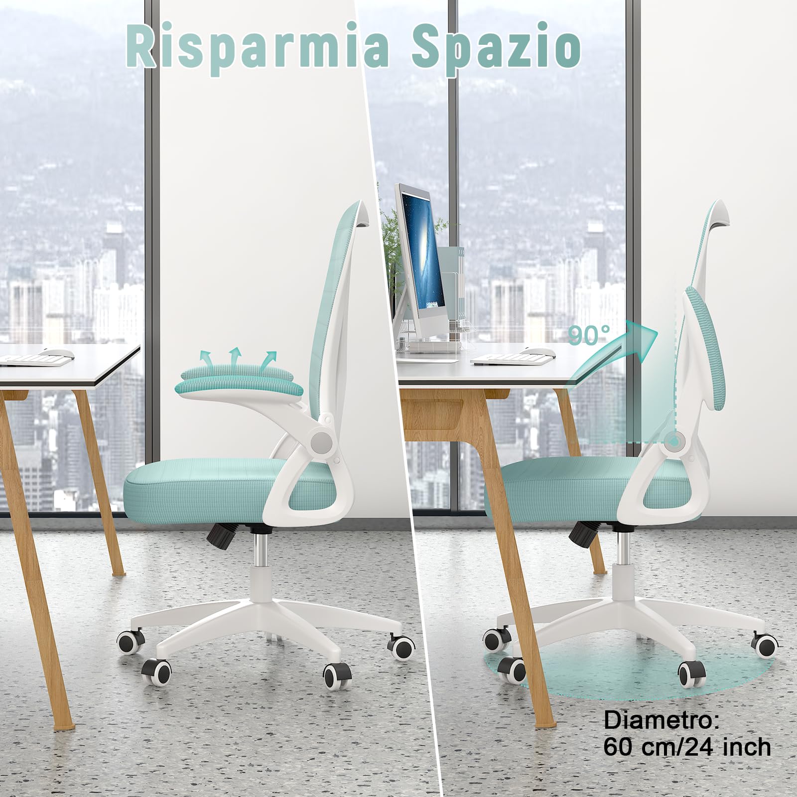 rattantree Sedia da Ufficio con Supporto Lombare, Sedia Ufficio Ergonomica con Braccioli Regolabili in Rete Traspirante, Altezza Regolabile e Schienale Inclinabile con Ruote Girevoli, Verde