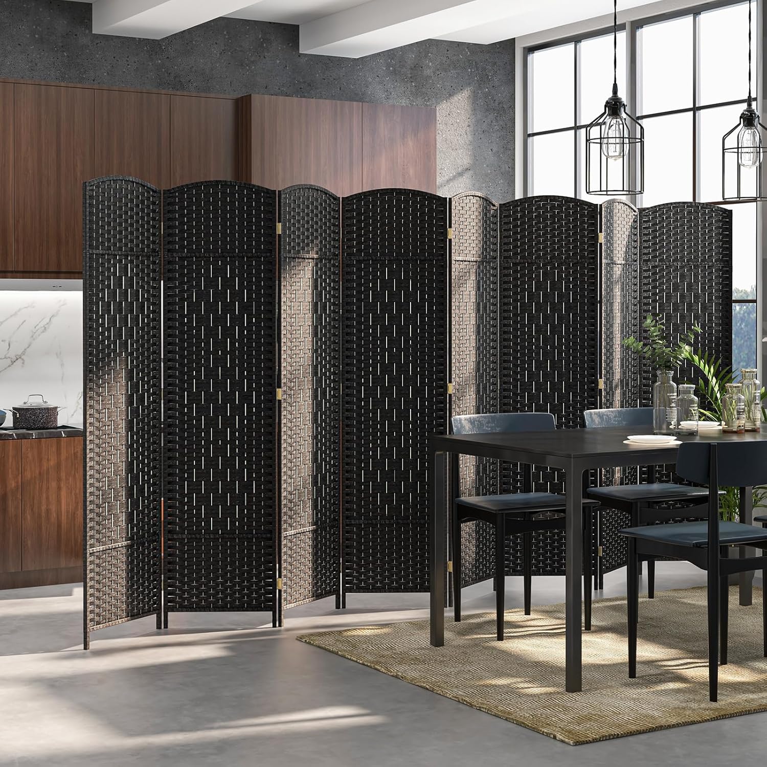 Giantex Room Divider 8 Panel - 6 FT Folding Privacy Screen, Fully Assembly, Solid Wood Frame, Hand-Woven Friendly Plant Fiber Straps, Freestanding Wall Partition for Bedroom Office (Black)