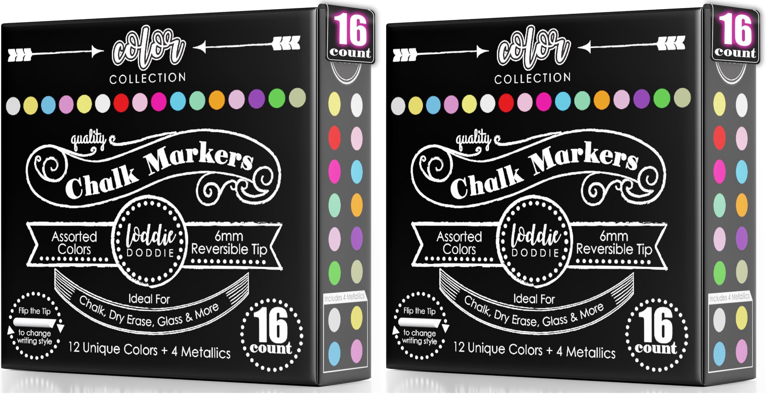 Loddie Doddie Chalk Markers - Pack of 32, Reversible 6mm Tips - Vibrant Chalkboard Designs with Chalkboard Markers - Easy Erase on Glass &amp; Whiteboards with Dry Erase Pen
