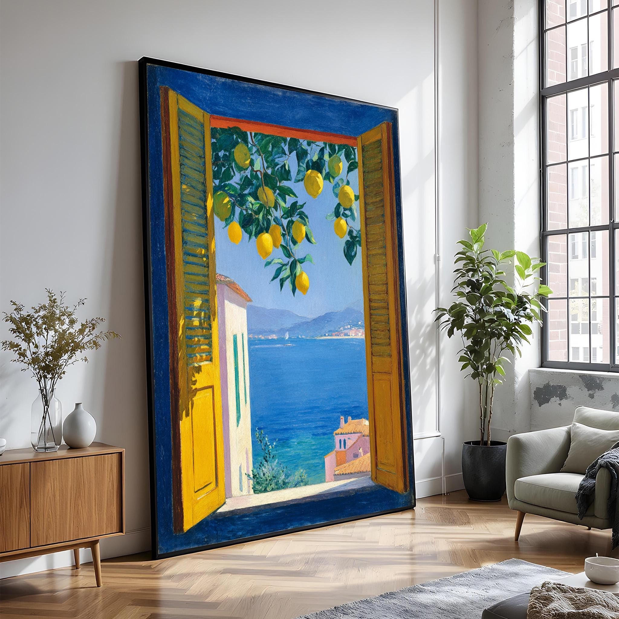 XINBAO Widok śródziemnomorskiego drzewa cytrynowego z okna z widokiem na błękitne morze i nadmorską wioskę - plakat, obraz na płótnie, sztuka ścienna (60 x 80 cm/wewnętrzna rama)