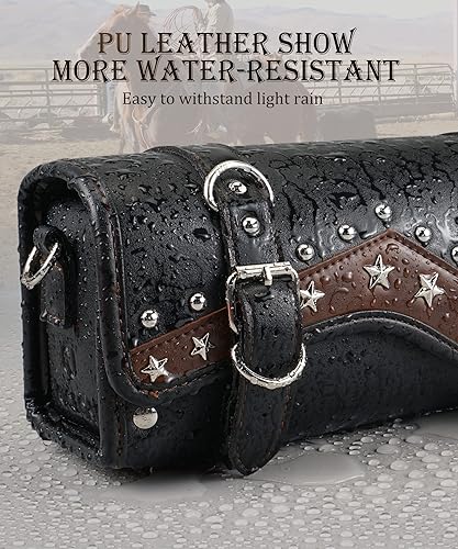 Miniatura 5 de NICECNC Bolsa de Horquilla para Motocicleta Bolsa de Manillar, Estilo Vintage de Cuero PU con Remaches de Estrella Estilo Rock Líneas Clásicas de