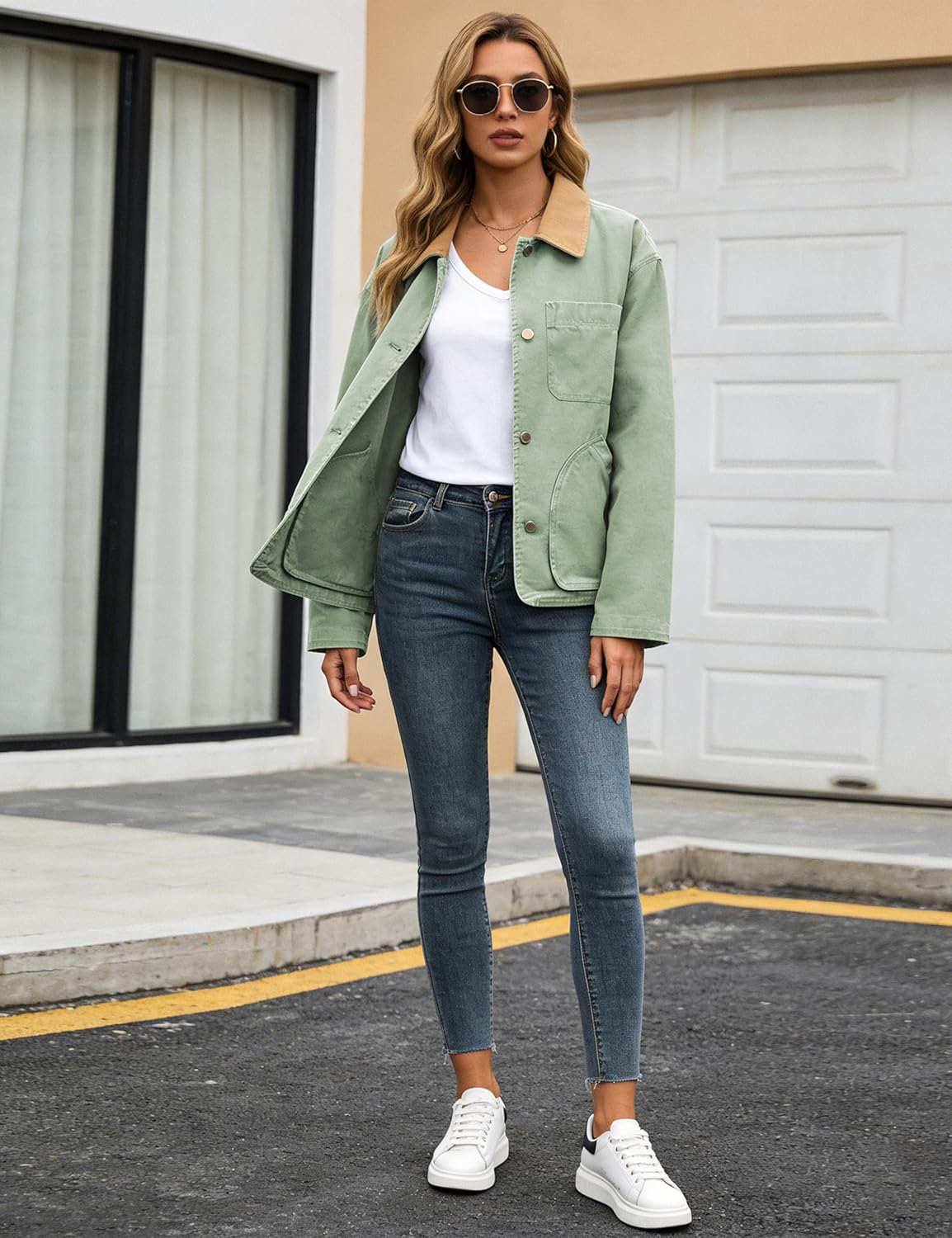 Yeokou Womens Casual Jacket Crop Barn Trench Coat Long Sleeve Button Down Oversized Jacket with Pockets Outerwear - Image 7