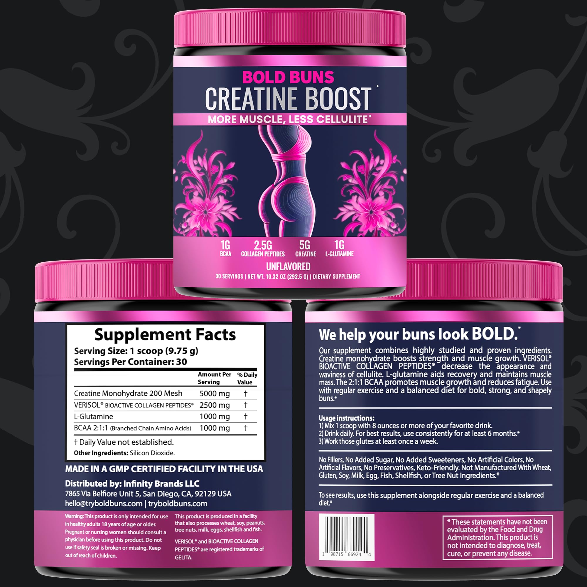Creatine for Women - Booty Builder Supplement with Collagen & BCAA - Supports Glute Growth & Reduces Cellulite Appearance - Unflavored Powder - 30 Servings