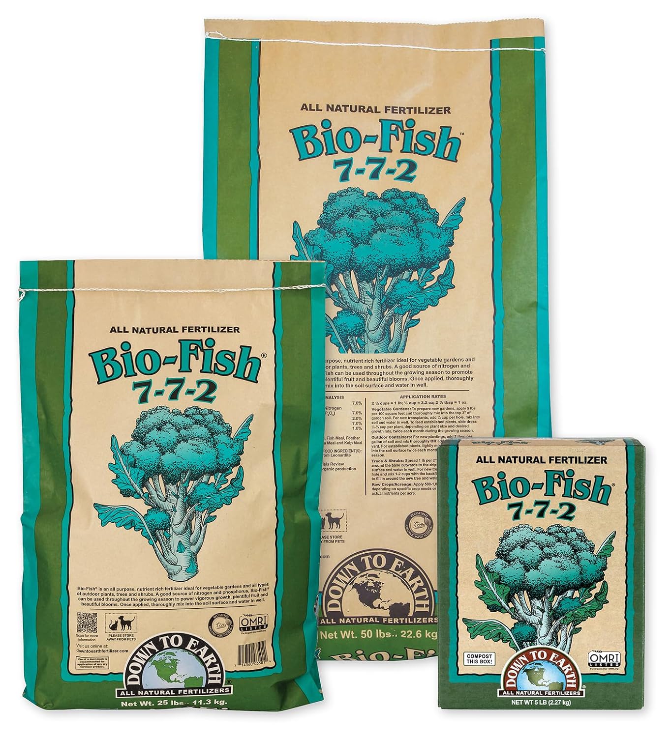 Down To Earth All Natural Fertilizers Organic Bio-Fish - Plant Food for Corn, Broccoli, Kale, Trees and Shrubs 7-7-2, 50 lb