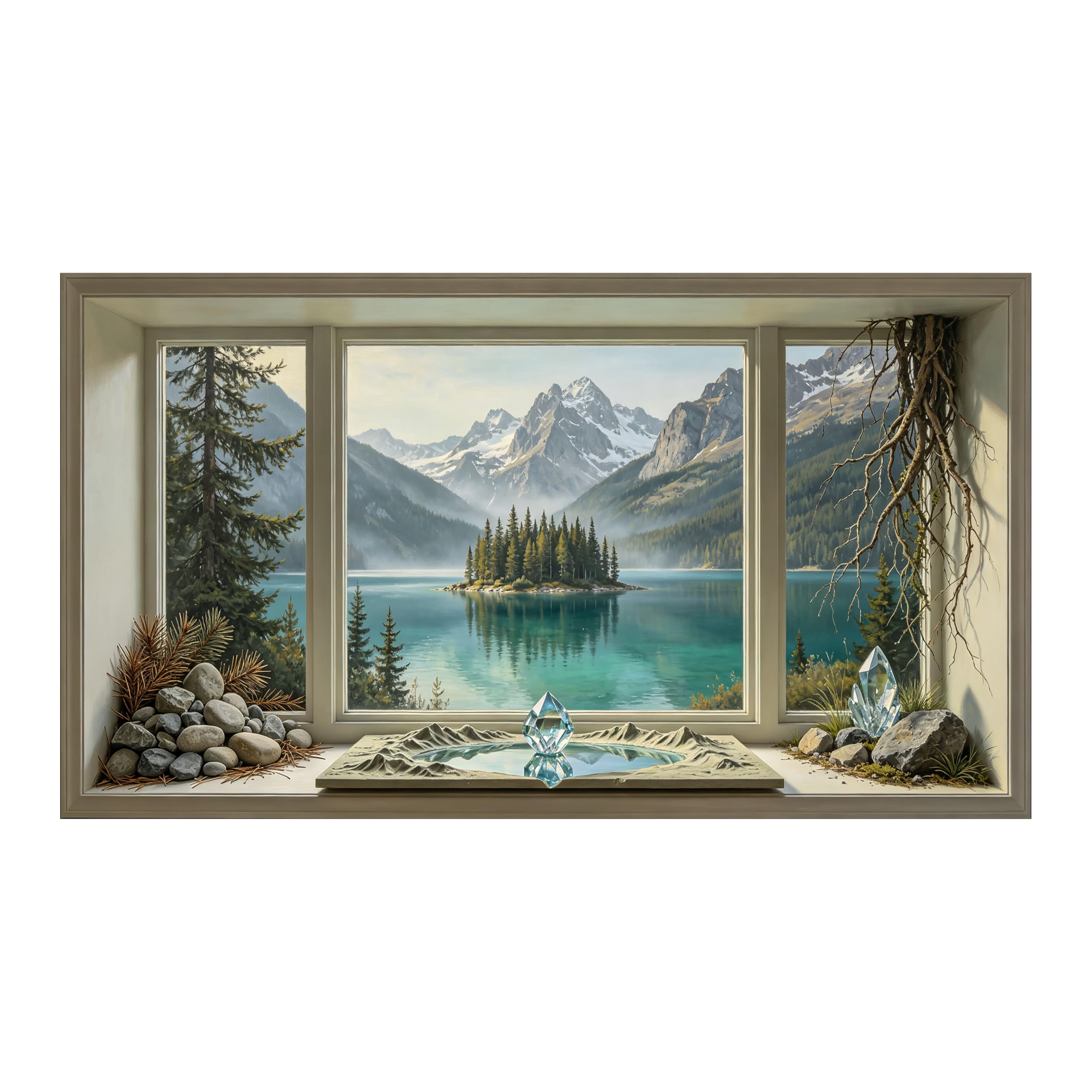 Yzpallescene Art260711173 3D Framed Wall Art Mountain Lake Island Window View Nordic Large Size Selfadhesive Removable Wall Decor Prints Artwork For Living Room Bedroom Office