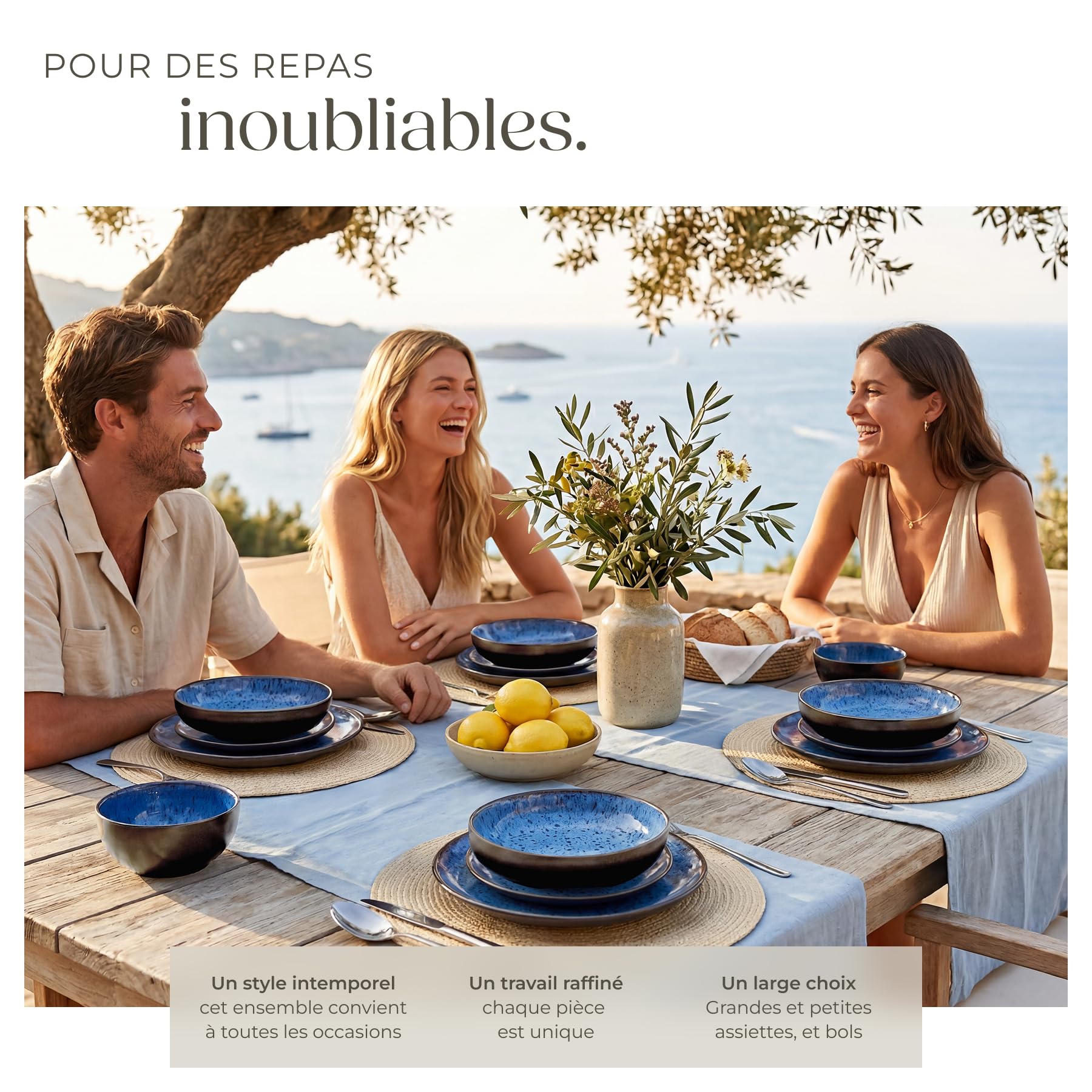 tectake® Service de table 24 pièces pour 6 personnes, Petites et Grandes Assiettes, Assiette creuse, Bols, Service vaisselle en faience, Vaisselle et Arts de la table, Set assiette et Bol, Bleu