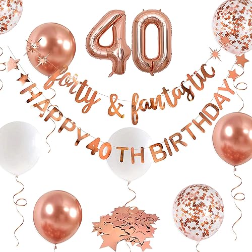 Decoraciones de Cumpleaños 40 en Oro Rosa para Mujeres Cuarenta y Fantástica Pancarta de Feliz Cumpleaños 40 Guirnalda Globo de Papel Aluminio 40