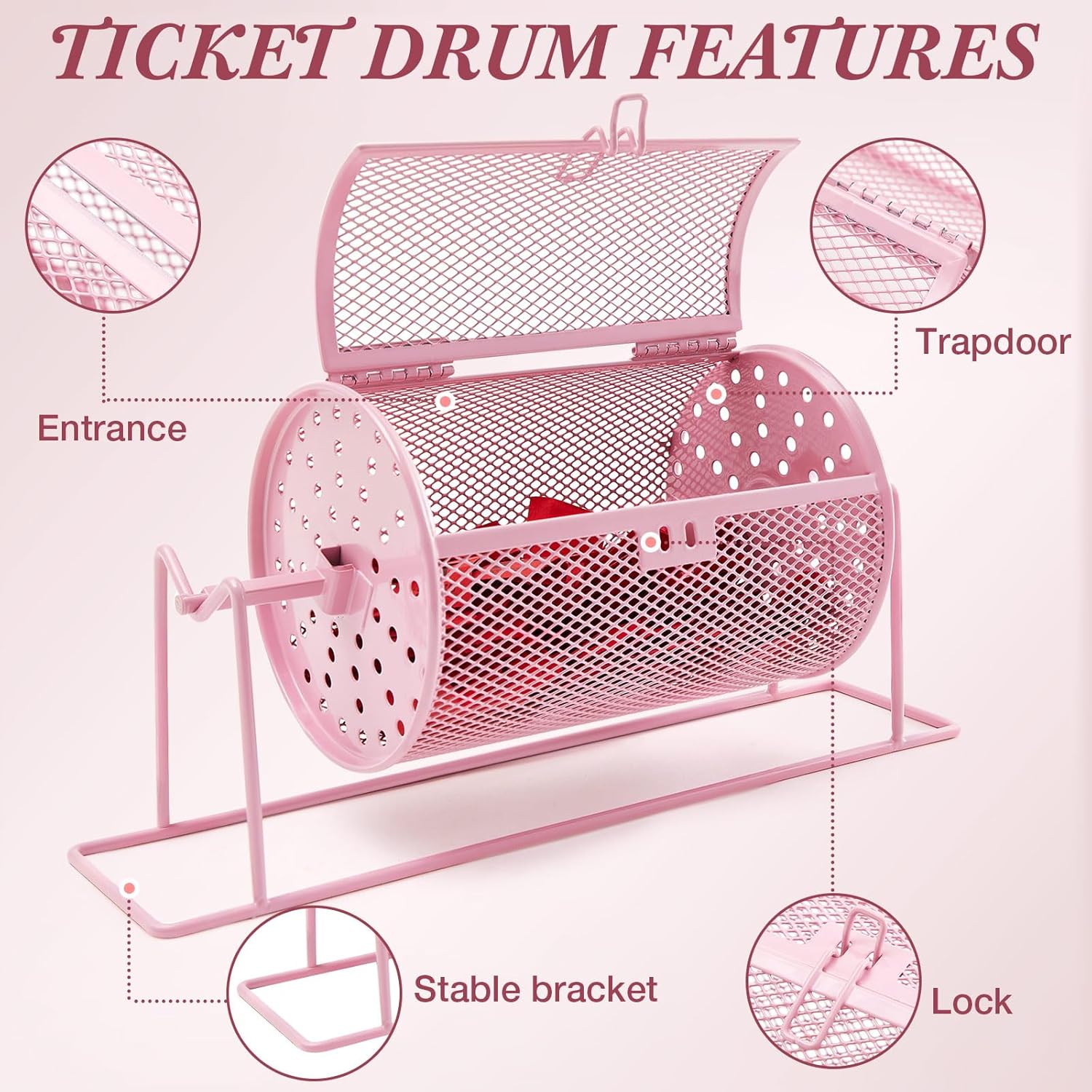 7.09" X 4.72" Small Raffle Drum Upgraded Ticket Spinner Holds 600 Tickets Raffle Wheel Spinner with Stand Drum Cage for Games Events(Pink)