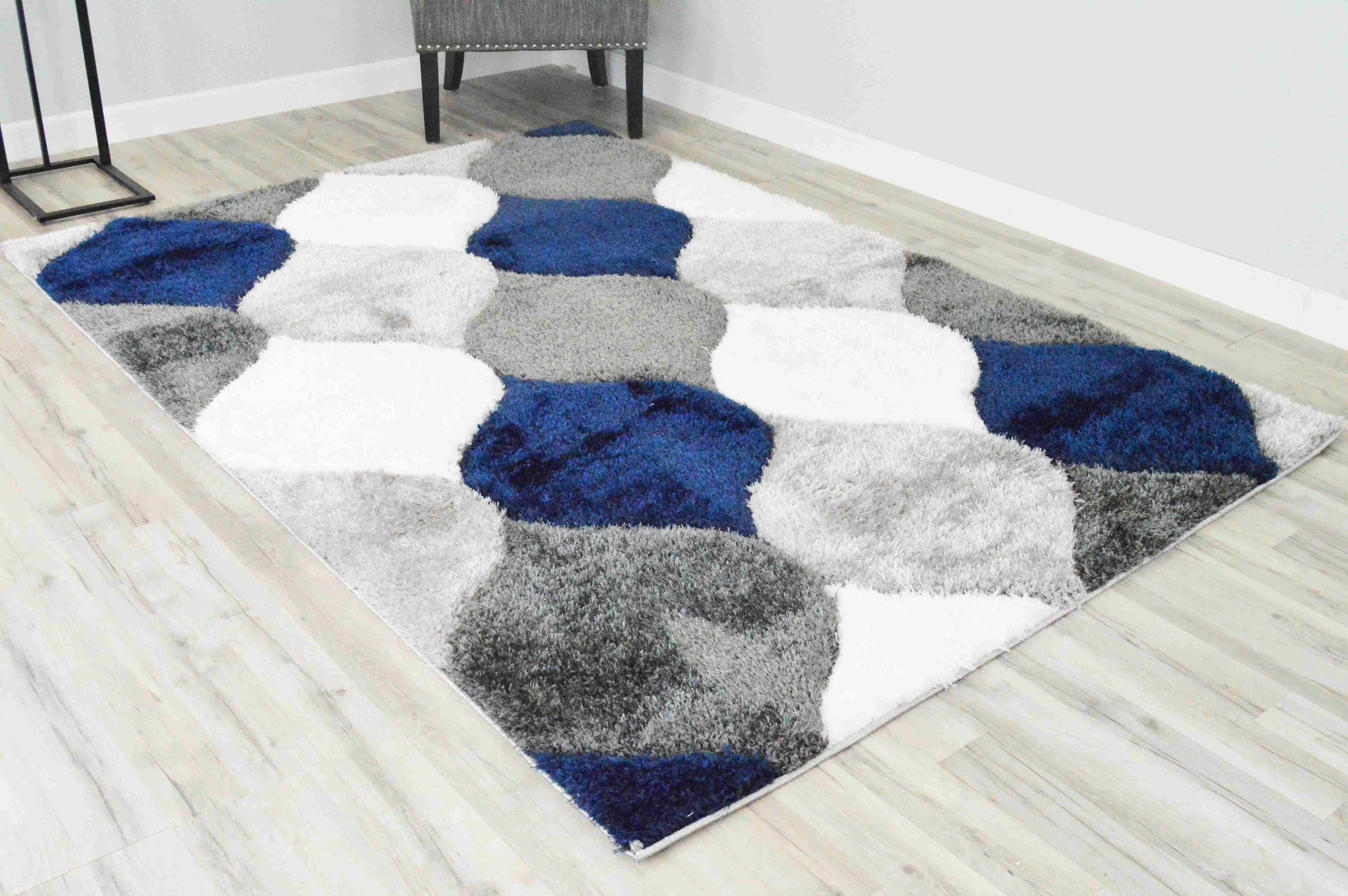 Modern Fluffy Plush Shag Shaggy Rug Hand Carved Thick Soft Geometric Abstract Carpet Vibrant Colors for Living Room Bedroom Office Design 6488 (Navy,
