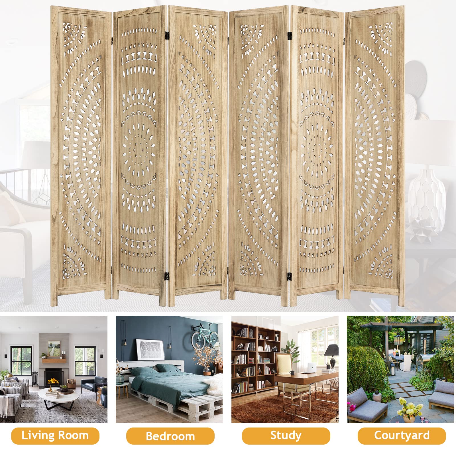 Salfanre 6 Panel Room Divider, Room Divider Screen,Wood Room Divider, Folding Screen Room Divider, Studio Apartment Divider 5.6 Ft,Brown