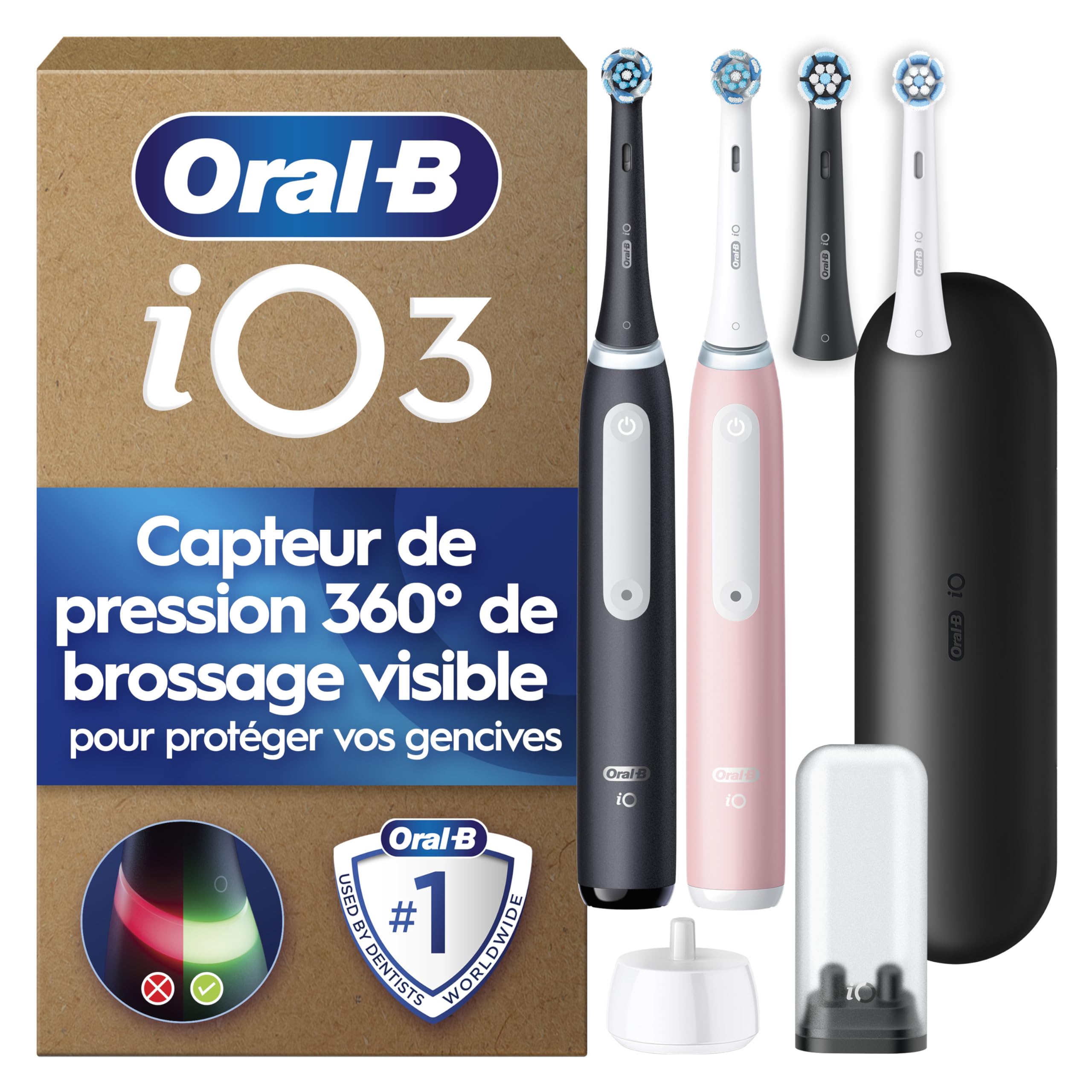 Oral-B Brosses à Dents Electriques iO 3 Duo, 4 Brossettes de Rechange, Noire et Rose - 3 Modes de Brossage dont Douceur et Blancheur, Capteur de Pression sur les Gencives, Batterie Rechargeable, Etui