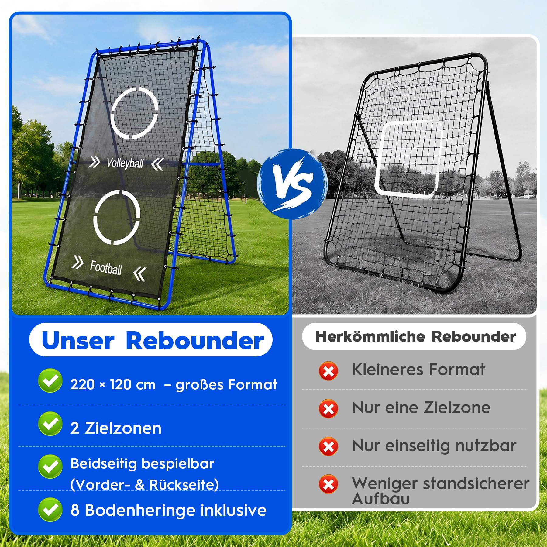 Volleyballnetz, 2,2 x 1,2 m, 6-Fach Verstellbarer Rebounder