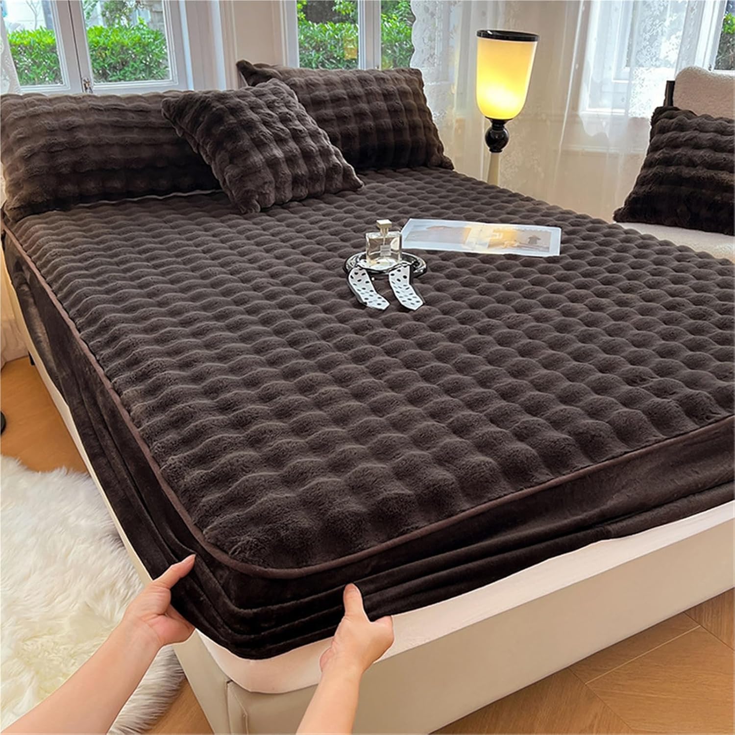 Elastic Bed Sheets, Plush Velvet Fitted Sheet, Winter Warm Thickened Fitted Sheet Bedspread, Soft Bedcover Mattress Cover with Elastic, Various Sizes(White,2*Pillow Cover)