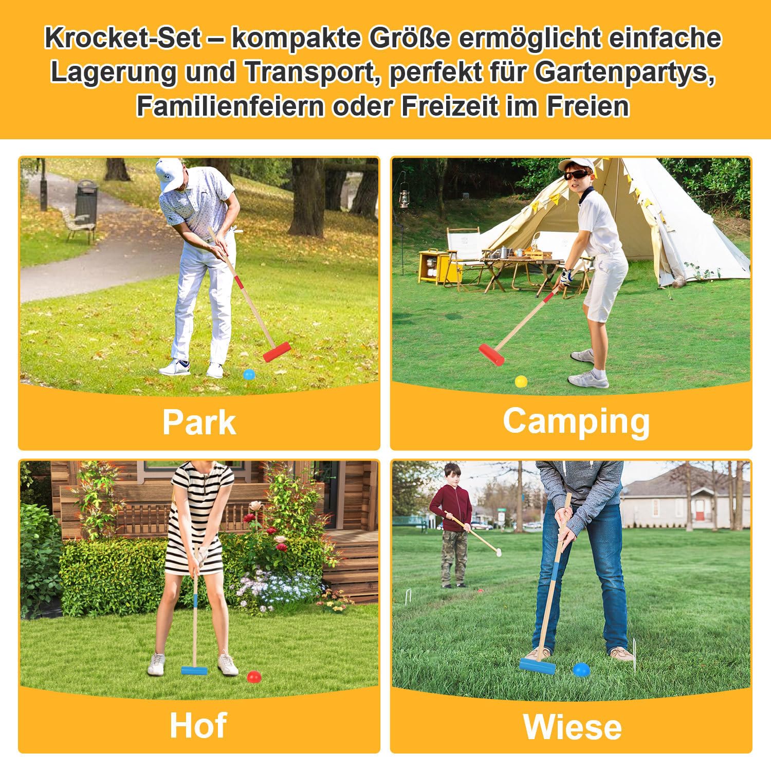 Jopassy Krocket Croquet Krocket Spiel, 2-4 Spieler Croquet Set, Kinder Erwachsene Familie Outdoor Gartenspiel, Geschicklichkeitsspiel Holz Krocketspiel