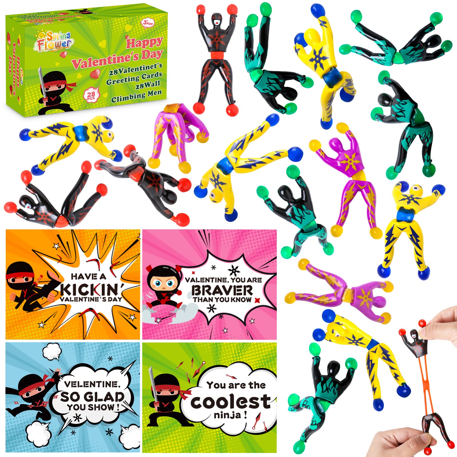 28 Packs Valentines Day Cards for Kids with Sticky Wall Climbing Men Ninja Set for Classroom,Valentine's Gifts Exchange For School, Valentine's Party Favors for Kids, Valentine's Prizes for Boys Girls