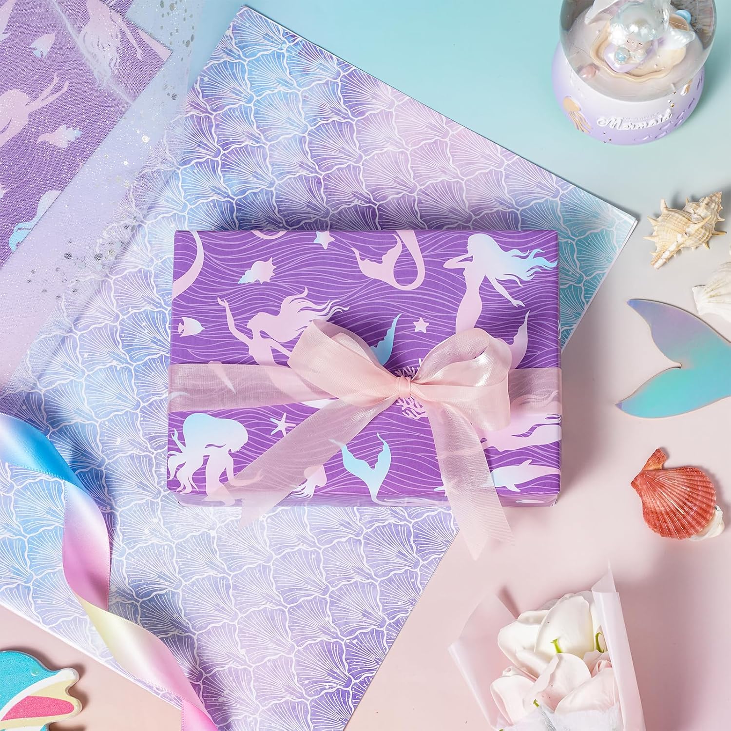 LeZakaa Mermaid Wrapping Paper for Girls Women, Pink Purple Mermaid Scale & Happy Birthday Ocean Gift Wrap for Baby Shower, Birthday, Kids Party, 12 Folded Sheets, 27.5 x 19.6 inches Per Sheet image 5