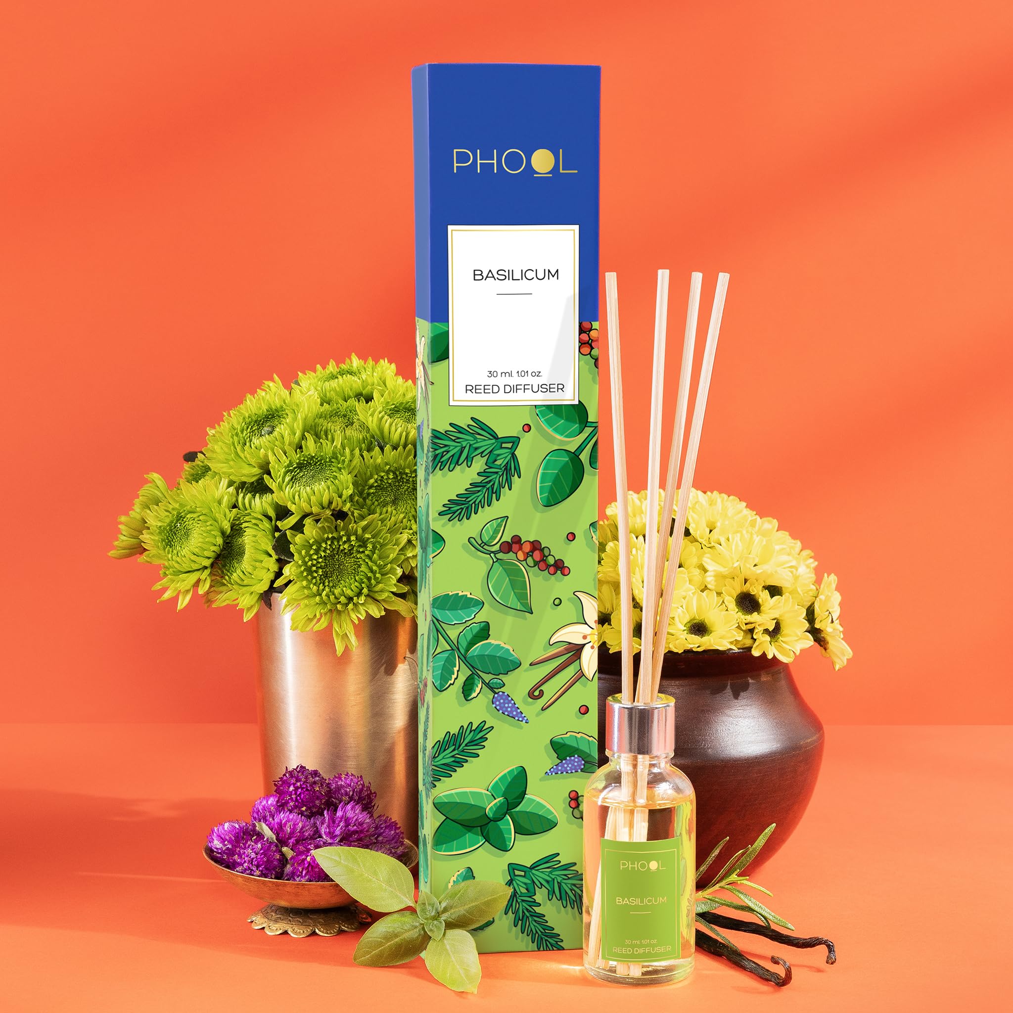 Phool Premium Basallicum Reed Diffuser - 30 ml with Free Reed Sticks - Strong and Long Lasting Aroma - Diffuser for Home Hall, Bedroom, Kitchen and Office-image-1