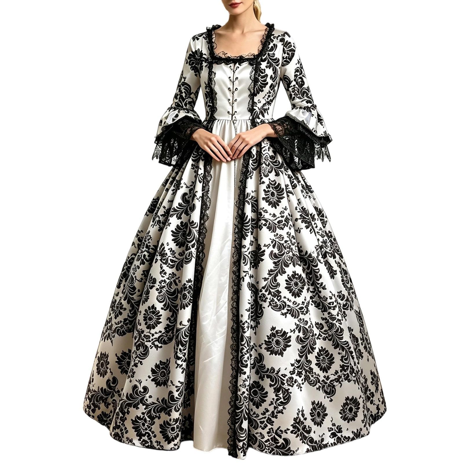 Incantevole abito di corte medievale in pizzo per cosplay costume da strega con maniche lunghe per