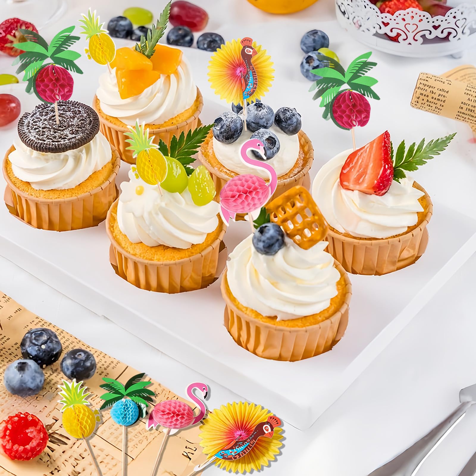 EKKONG 100 Pezzi Spiedini Cocktail in Legno, Decorazioni 3D Fenicottero Ananas Pavone Albero di Cocco, Spiedini Hawaiani per Feste Estive, Compleanni, Bar, Bevande, Torte, Cupcake (A)