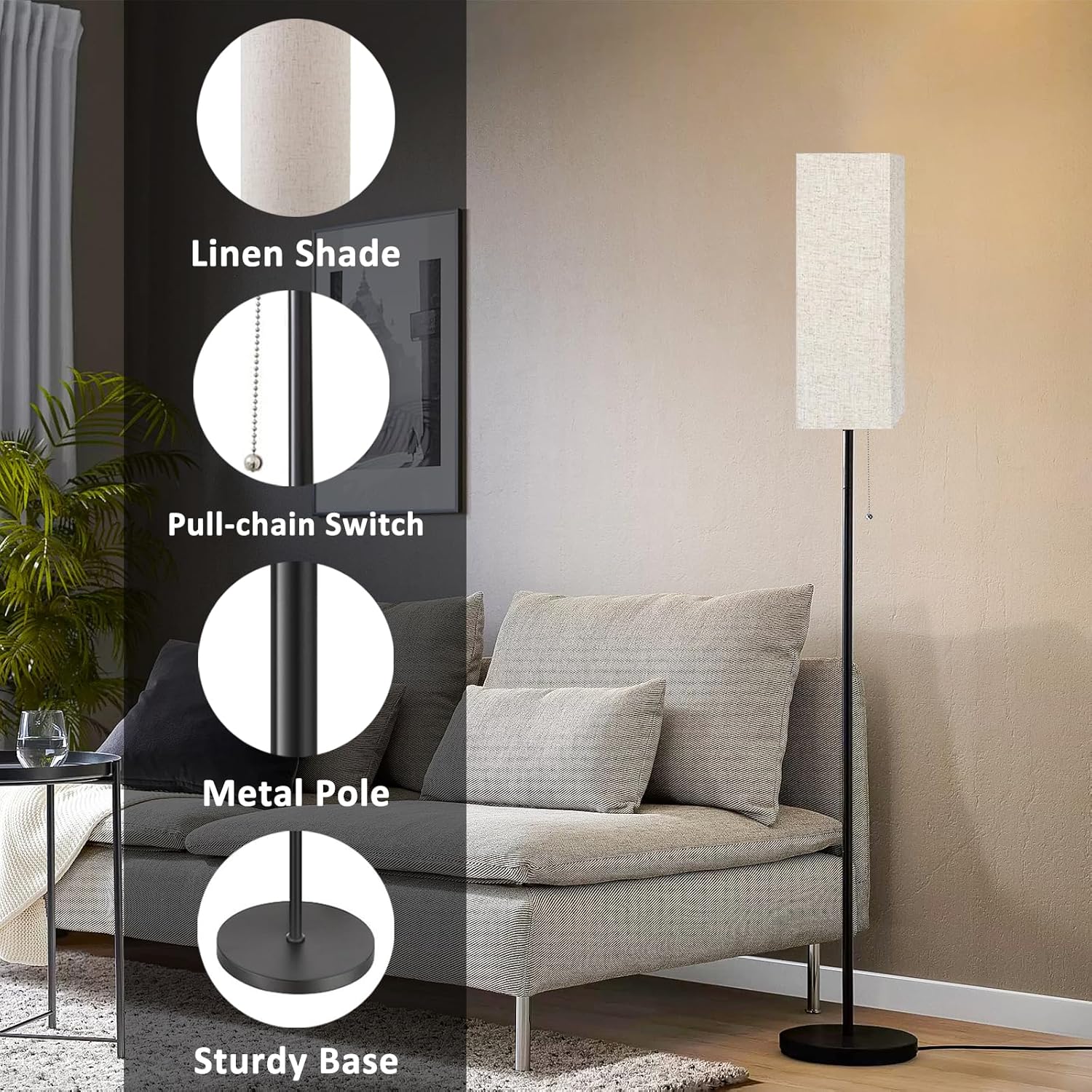 ALLDIO Floor Lamp for Living Room, Black Tall Standing Lamps with Pull Chain Switch, Linen Lampshade Decor for Bedroom, 3-Color Temperature E26 LED Bulb Included