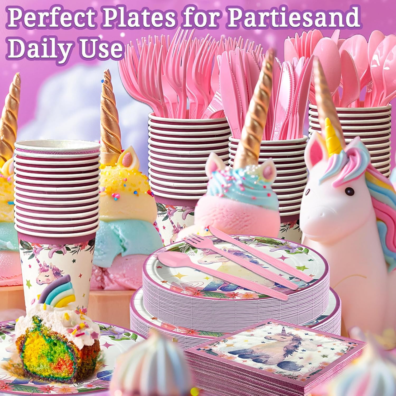 LFSTGN 350 PCS Unicorn Birthday Plates and Napkins Sets Includes Disposable Plates Dessert Plates Napkins Cups Plastic Knives Forks Spoons Disposable Dinnerware Set For Unicorn Party (50 Guest)