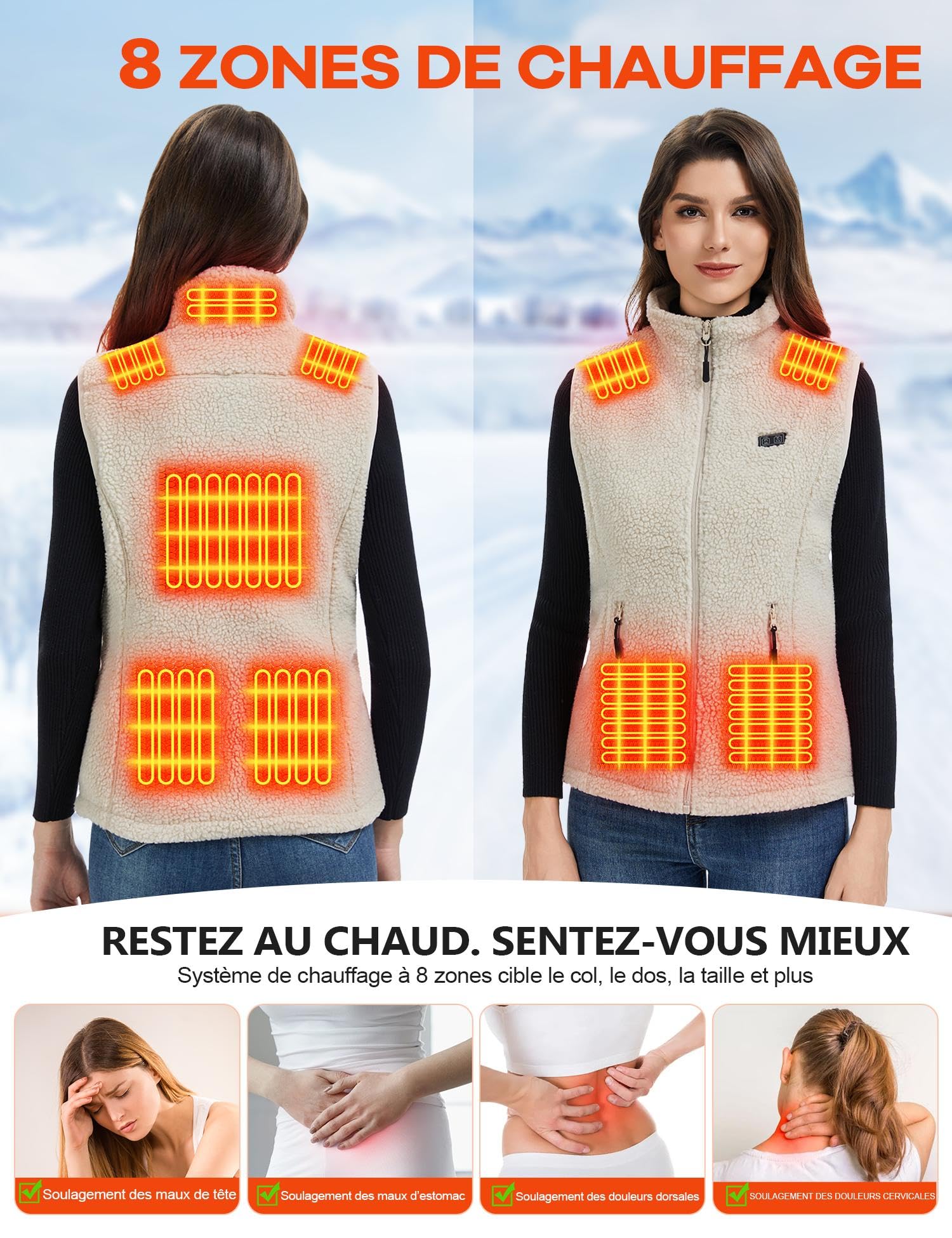 Gilet Chauffant Femme avec Batterie 18400mAh - Gilet Chauffant Polaire, 8 Zones Chauffantes, Veste Chauffante Électrique Hiver Chaud