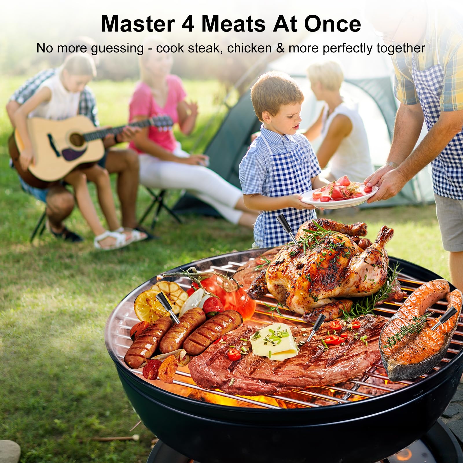 Newise Termómetro de carne inalámbrico de 4 sondas, termómetro digital Bluetooth para barbacoa, parrilla, horno, ahumador, largo alcance y base recargable con alertas en tiempo real, regalos de cocina