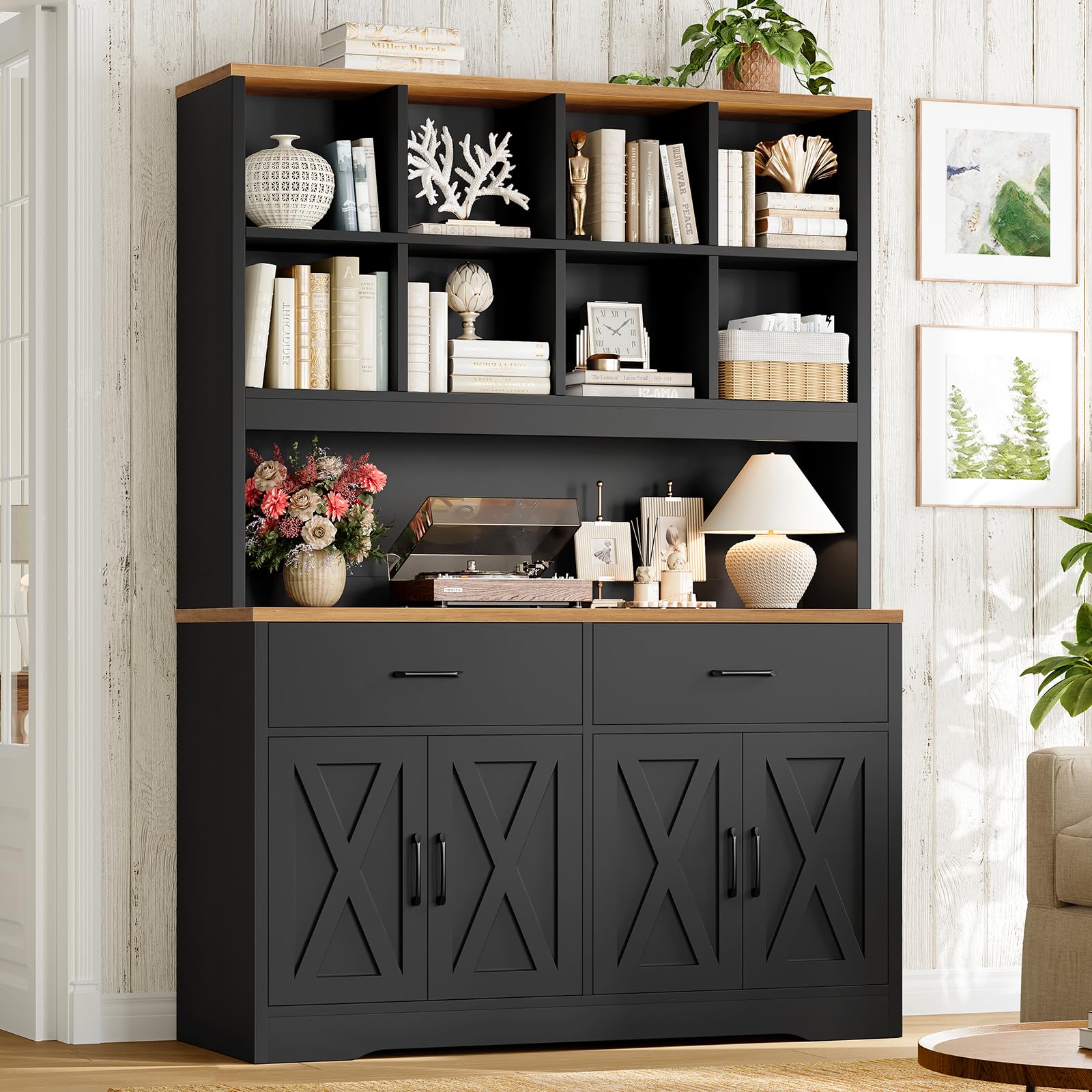 TEENFON Storage Cabinet with Doors and Drawers, Pantry Cabinets, 5 Tier Floor Standing Bookshelves, Bookshelf and Bookcase, 8 Open Storage Shelves and Printer Stand for Study, Living Room, Office