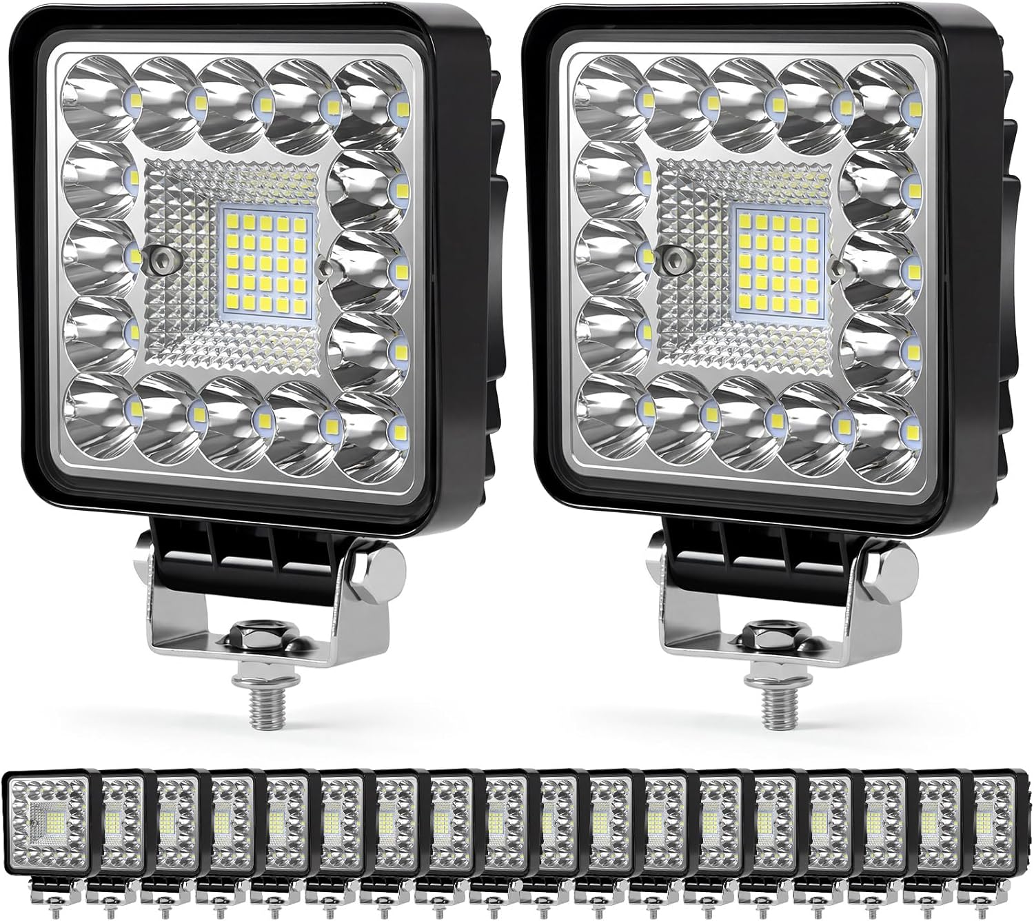 LED Work Lights, 4 Inch 123W LED Pod Lights 12V 24V Square Off Road Lights for Truck Trailer Vehicle Golf Car RV Snowplow, 20Pack