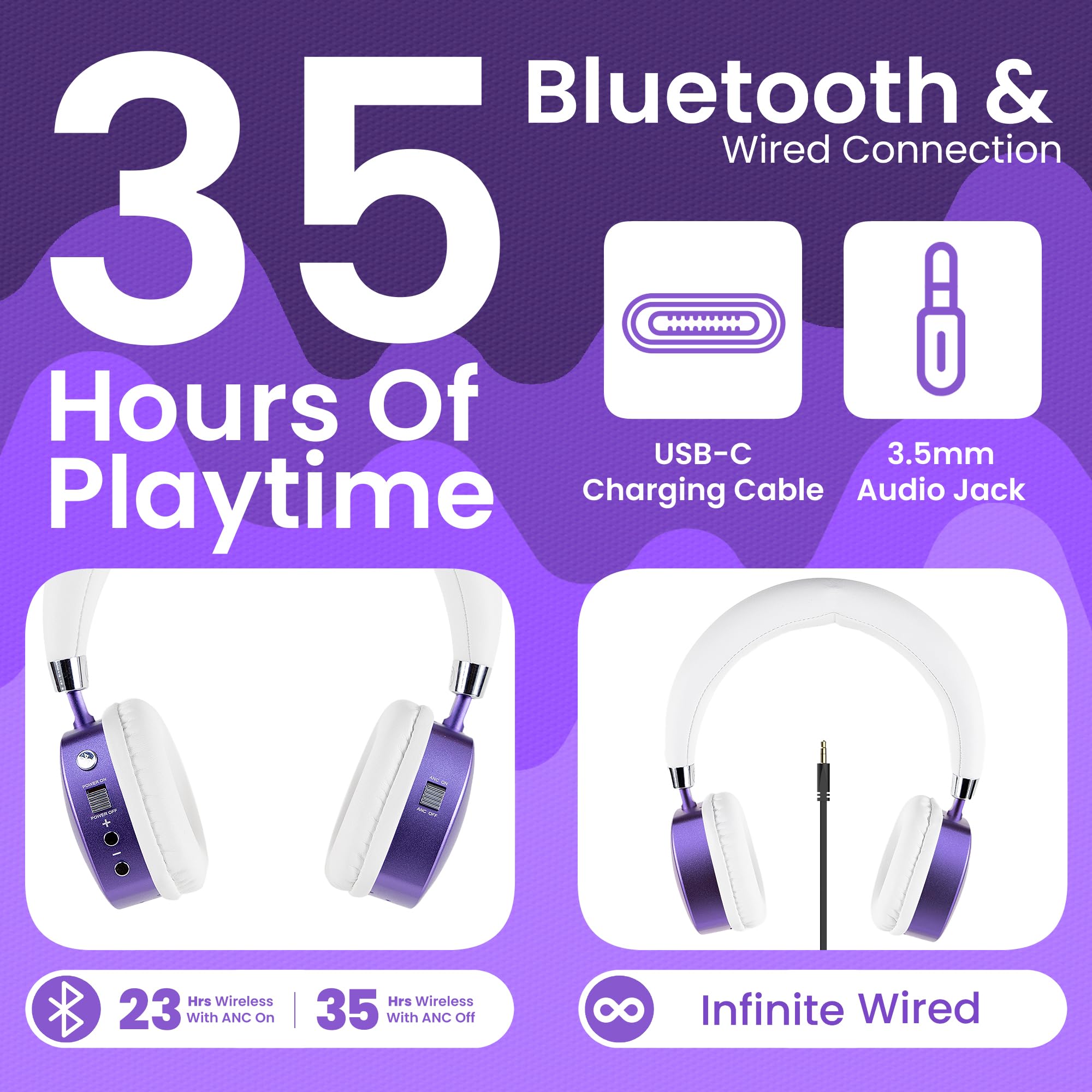 Puro Sound Labs PuroQuiet Plus - Auriculares Bluetooth supraaurales con cancelación activa de ruido, ligeros para niños con micrófono integrado, sonido más seguro, calidad de grado de estudio (morado)
