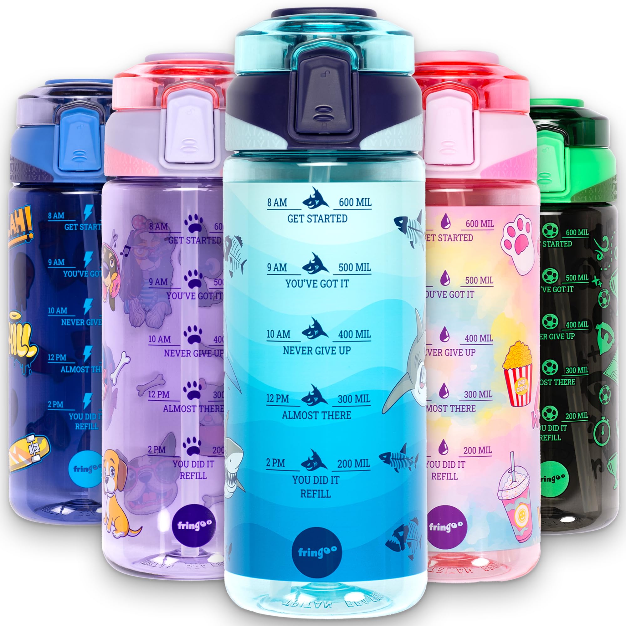 Fringoo Shark World - 650Ml Kids Water Bottle - Carry Handle100% Leakproof & Bpa Free Tritan Silicon Straw - Secure Flip Lock Lid, Blue Design