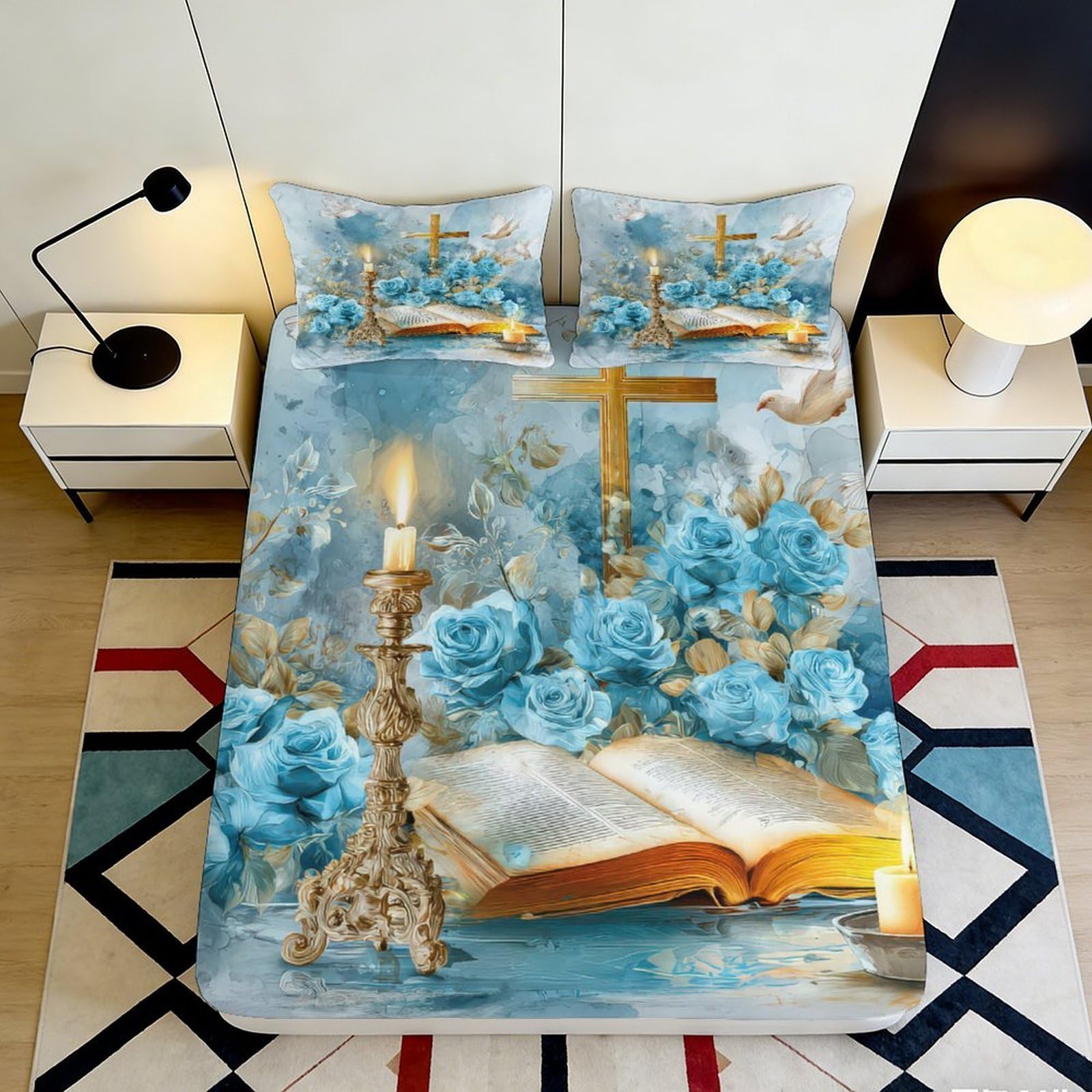 3D Printed Blue Rose Candle Fitted Sheet Microfiber Soft Cross Bible Bed Cover for Bedroom Guest Room Decor 90x200x25cm