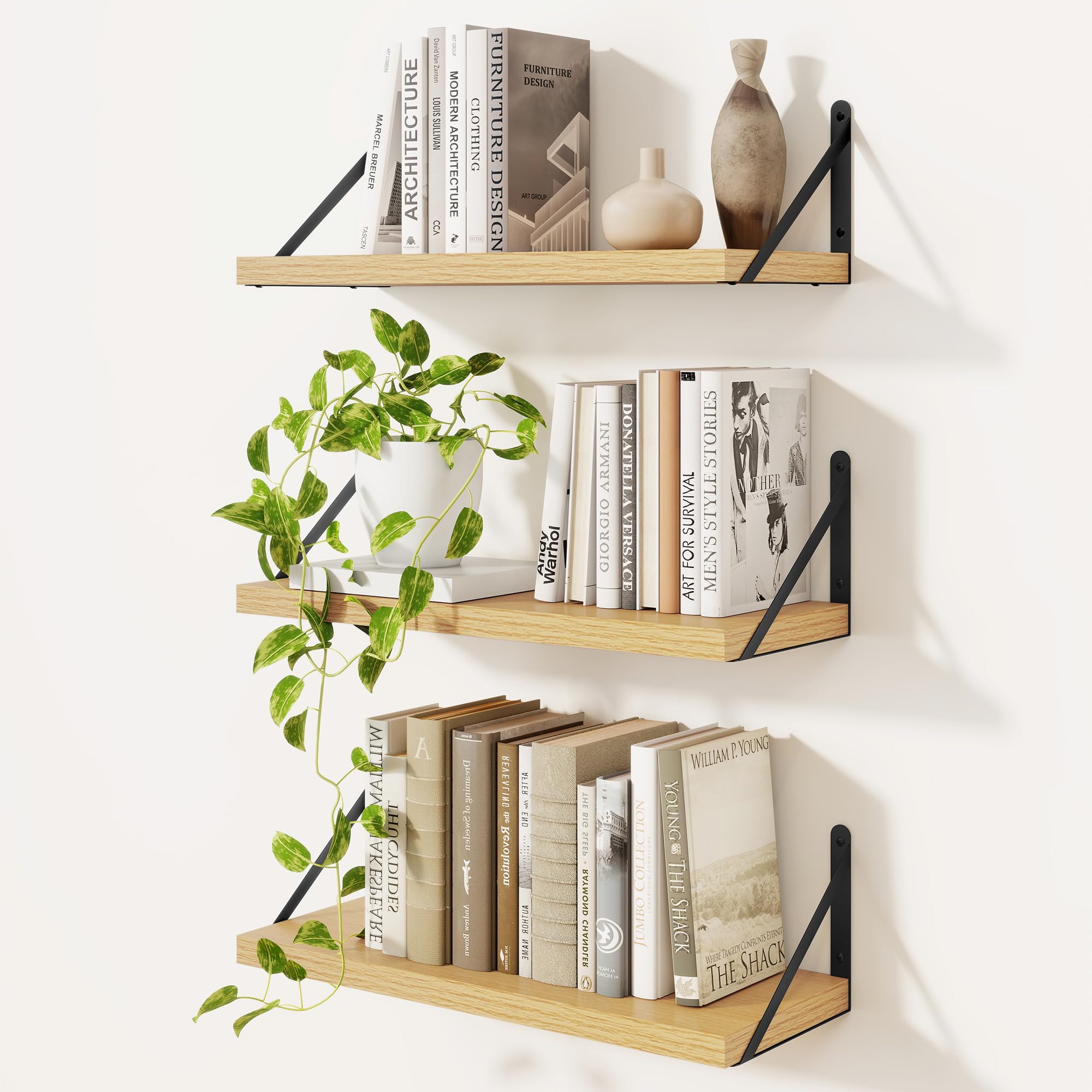 Feihorrm Set of 3 Book Shelf, Oak Wall Shelves, 40cm Wall Shelf, Wooden Shelves, Shelves for Wall, Bookshelf for Bedroom, Living Room, Home Office & Book Storage
