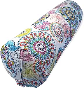 Bolster Yoga Mandalas, cojín cilíndrico, Yoga Accesorios, Rodillo Pilates, Ideal para Estirar Espalda, Relleno de cáscara de espelta ecológica, asa de Transporte, 62x20cm