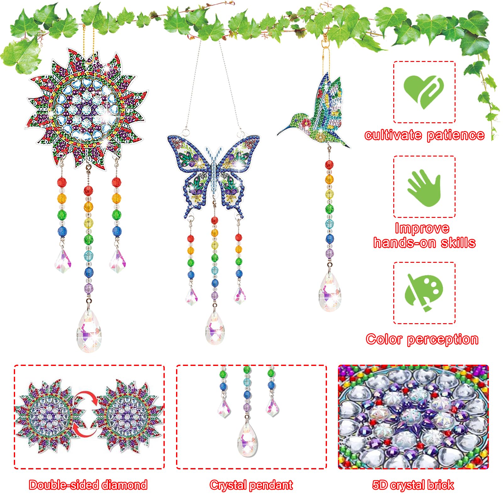 Kit Acchiappasole 5D Con Diamanti Fai Da Te - 3 Campanelli A Vento Farfalla, Colibrì, Sole - 6