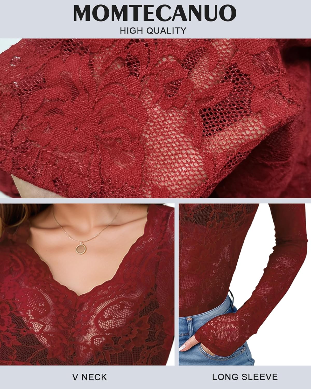 Women's Lace Long Sleeve Top Mesh Sheer Going Out Tops Sexy Floral See Through V Neck Blouses Shirts - Image 2