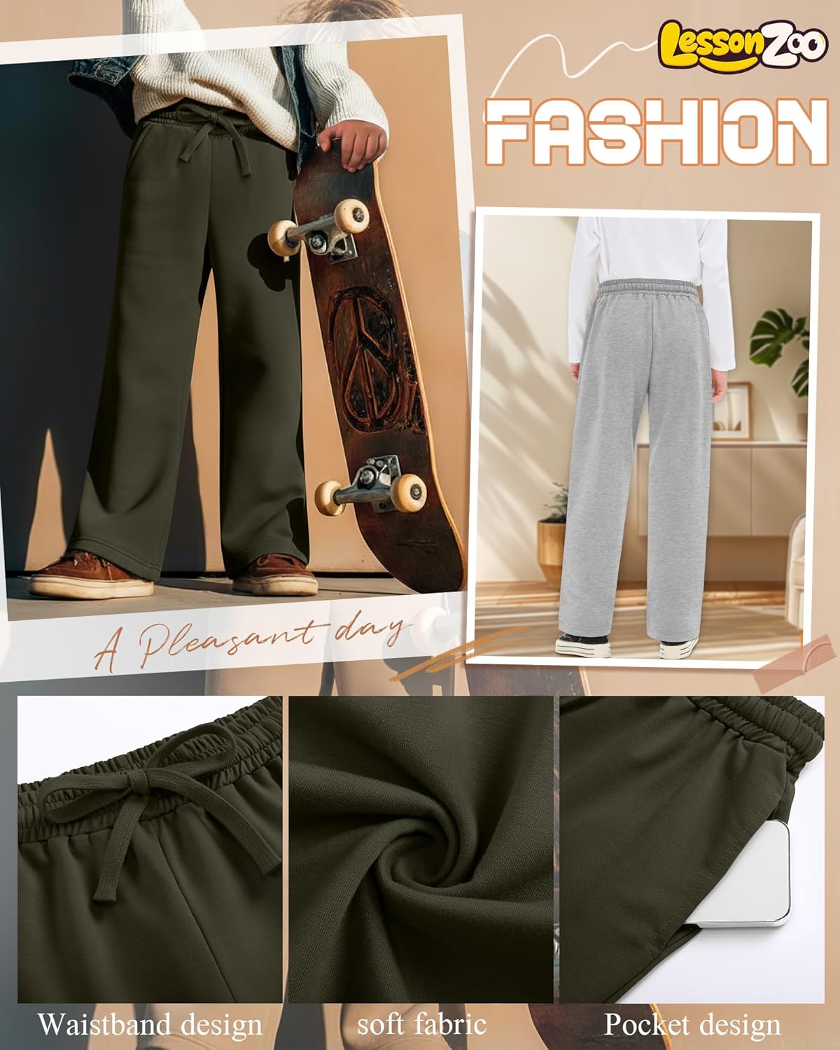 3 Pack Boy's Sweatpants Straight Leg Athletic Open Bottom Pants High Waisted Drawstring Active Joggers with Pockets - Image 4