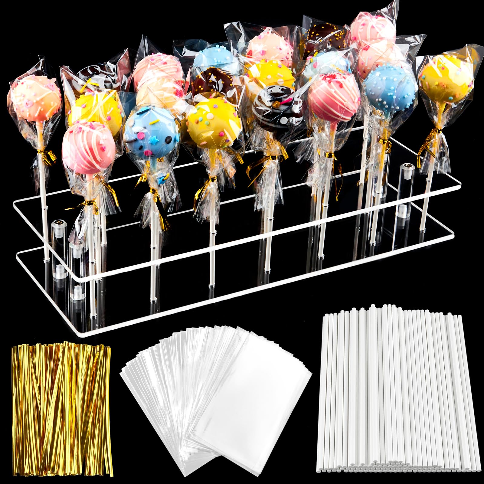 Zezzxu Larger Cake Pop Display Stand, Upgraded 20-Hole Acrylic Clear Cake Pop Holder Kit with 100 Lollipop Sticks, 100 Packaging Bags and 100 Gold Twist Ties for Party Wedding Birthday