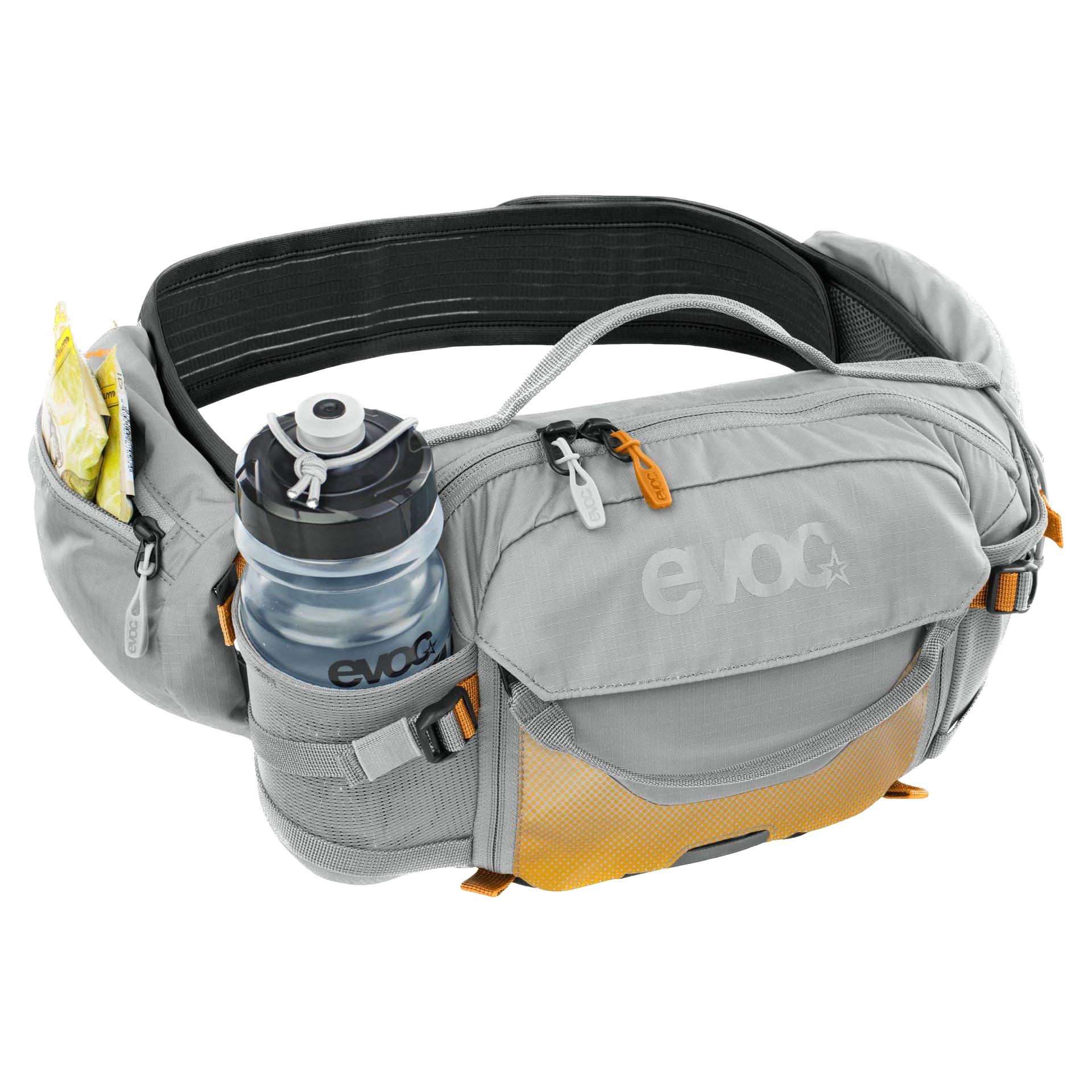 Torba biodrowa EVOC HIP PACK PRO E-RIDE 3 na wycieczki rowerowe i szlaki (pojemność 3 l, AIRFLOW CONTACT SYSTEM, pas biodrowy AIRO FLEX, system VENTI FLAP, uchwyt na butelkę), kolor: kamienny szary